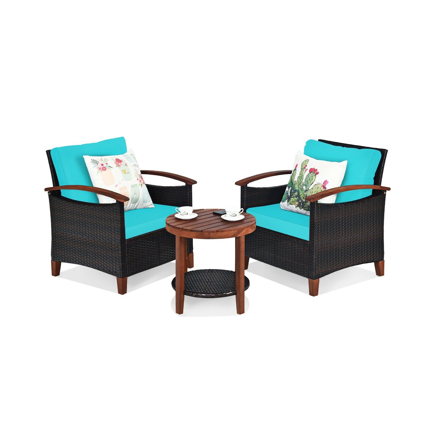 3 Pcs Solid Wood Frame Patio Rattan Furniture Set-Turquoise