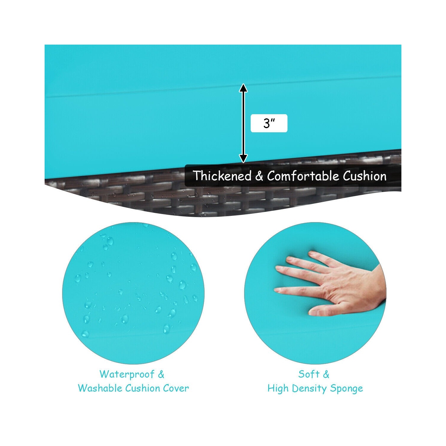 3 Pcs Solid Wood Frame Patio Rattan Furniture Set-Turquoise