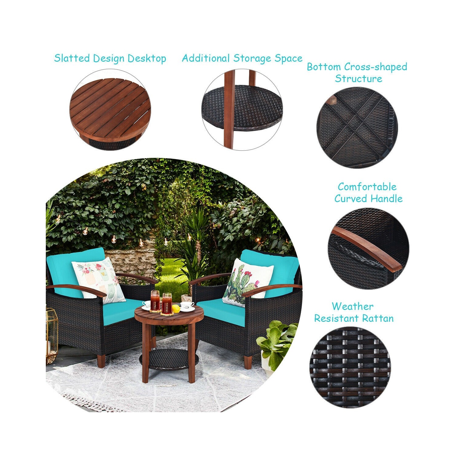 3 Pcs Solid Wood Frame Patio Rattan Furniture Set-Turquoise