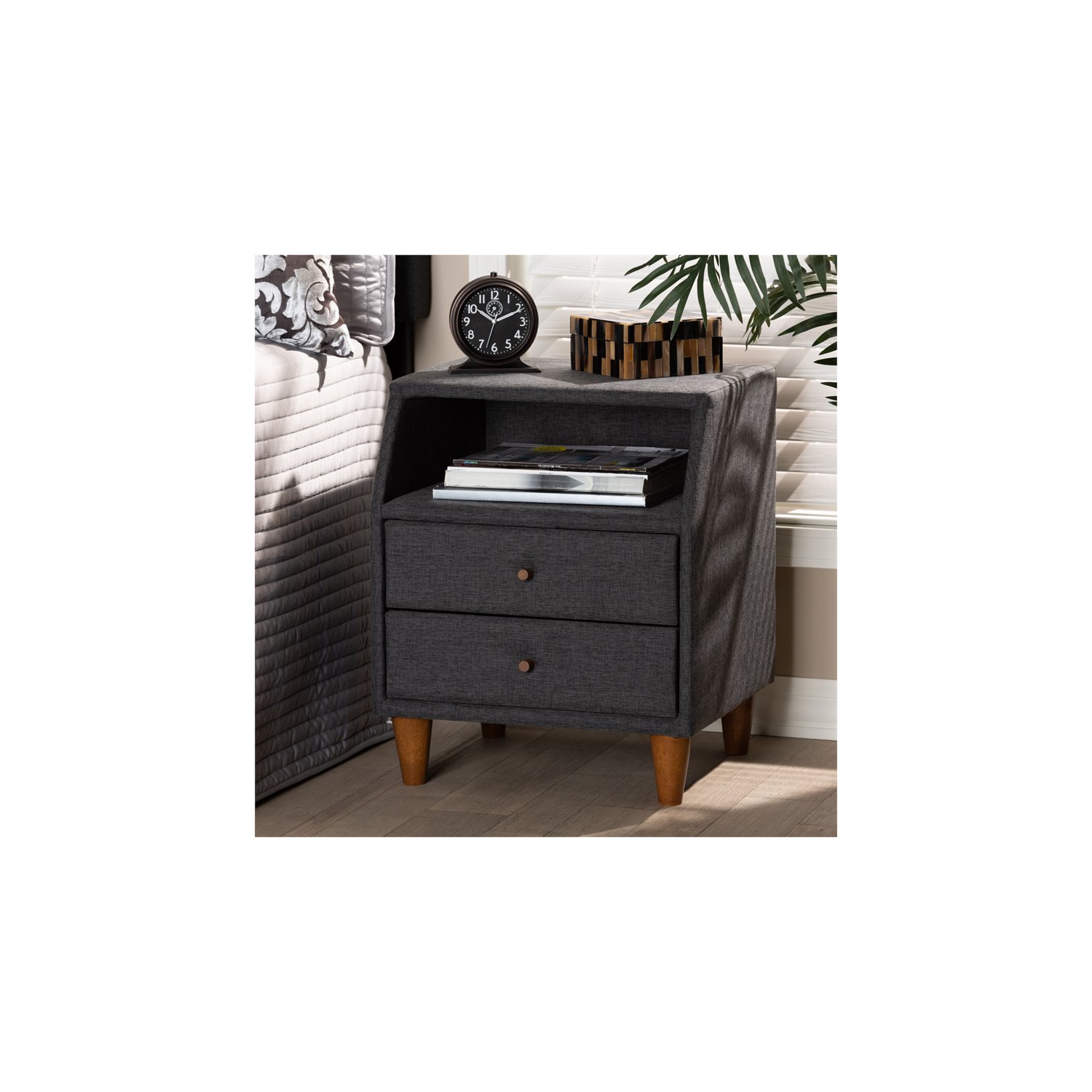 Baxton Studio Claverie 2-Drawer Fabric and Wood Nightstand in Charcoal Gray