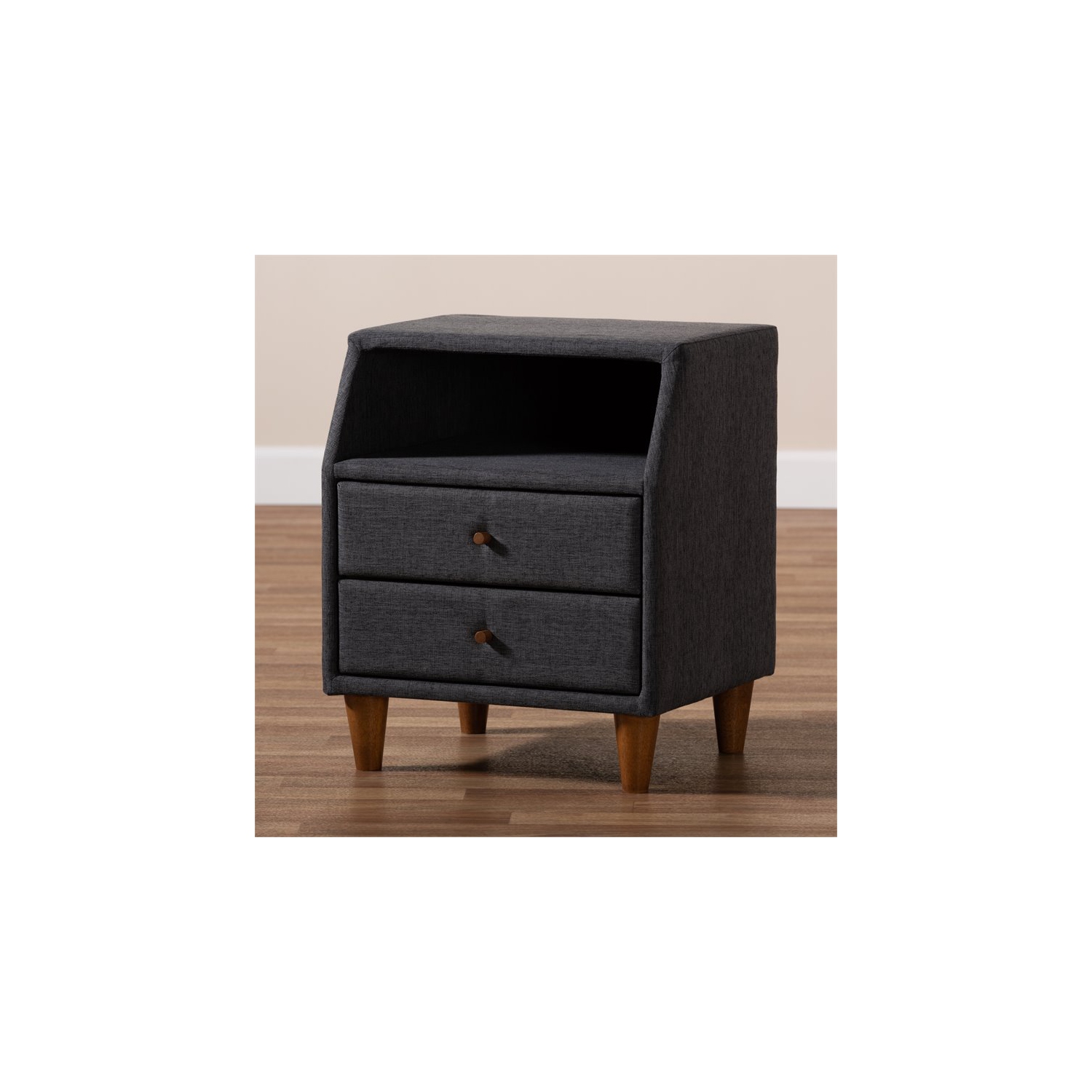 Baxton Studio Claverie 2-Drawer Fabric and Wood Nightstand in Charcoal Gray
