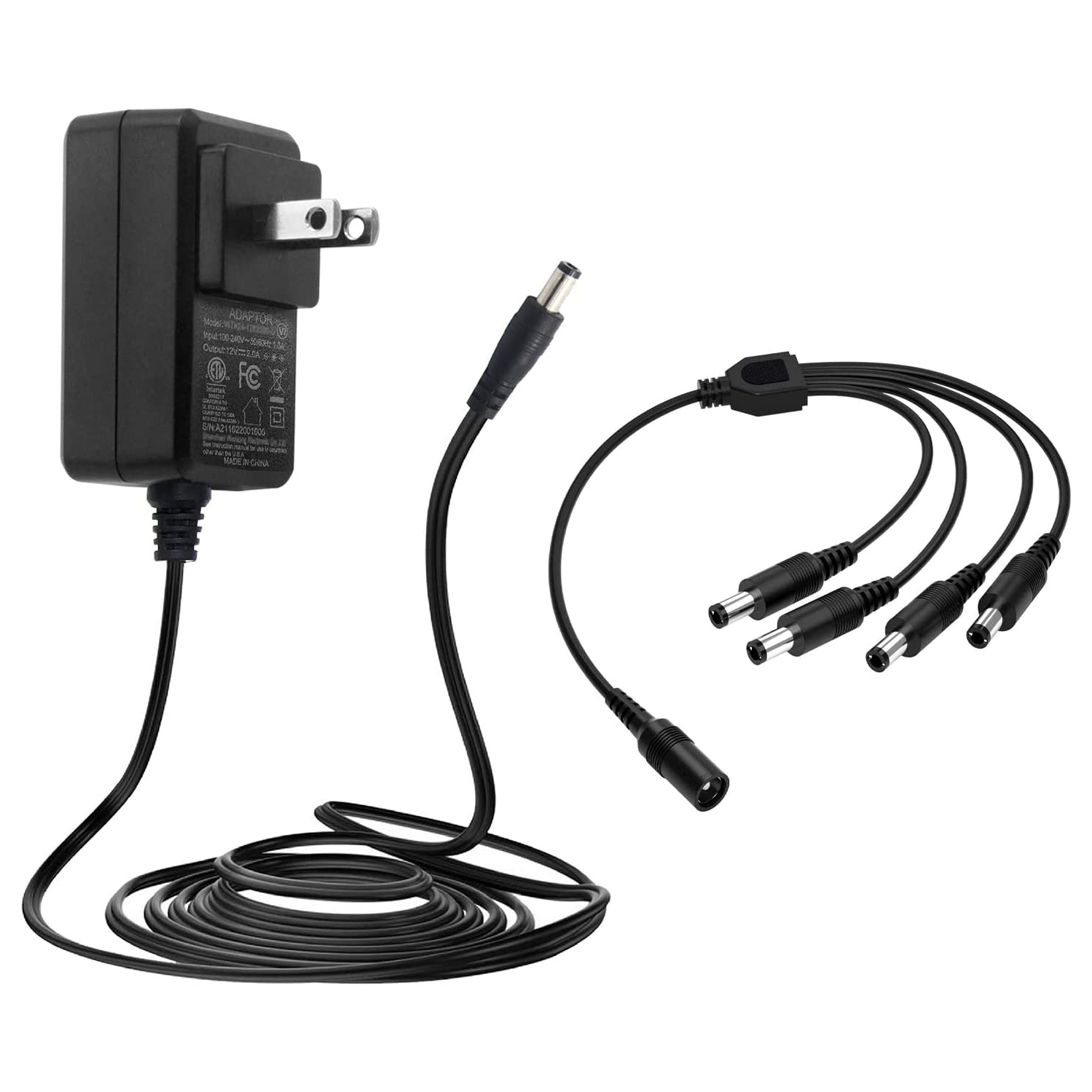 Power Adapter AC 100-240V to DC 12V 2A & 4-Way Power Splitter Cable for CCTV Security Camera/DVR/NVR/LED Strip Lights, ETL/FCC/CE Certificated