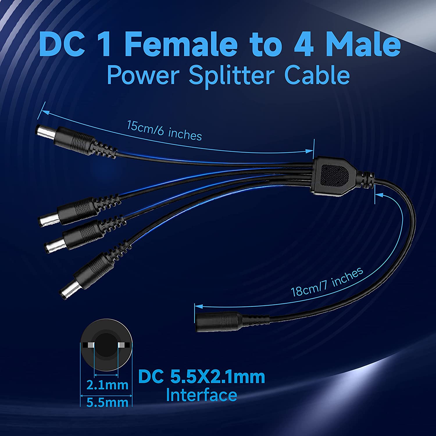 Power Adapter AC 100-240V to DC 12V 2A & 4-Way Power Splitter Cable for CCTV Security Camera/DVR/NVR/LED Strip Lights, ETL/FCC/CE Certificated