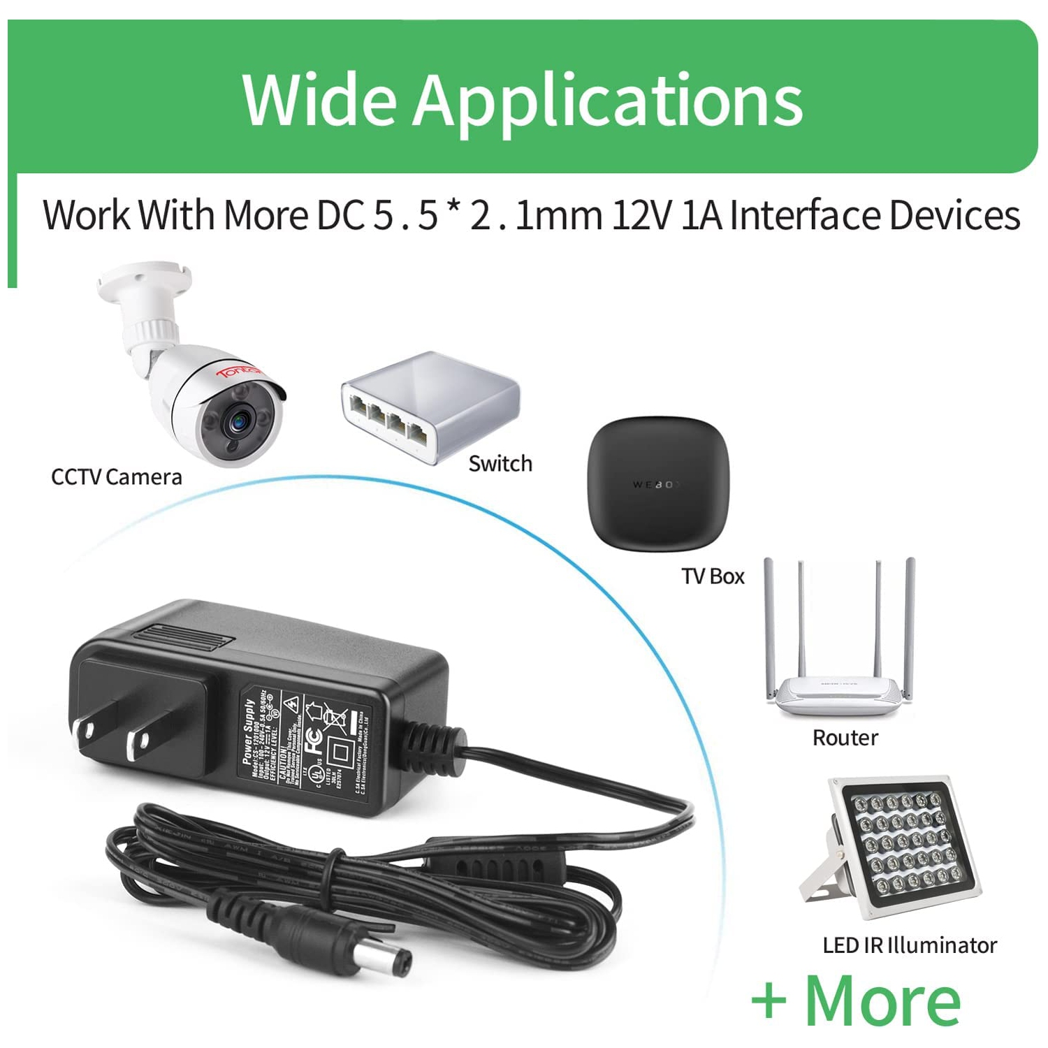 2-Packs AC to DC 12V 1A 12W Power Supply Adapter 5.5mm x 2.1mm UL cUL FCC