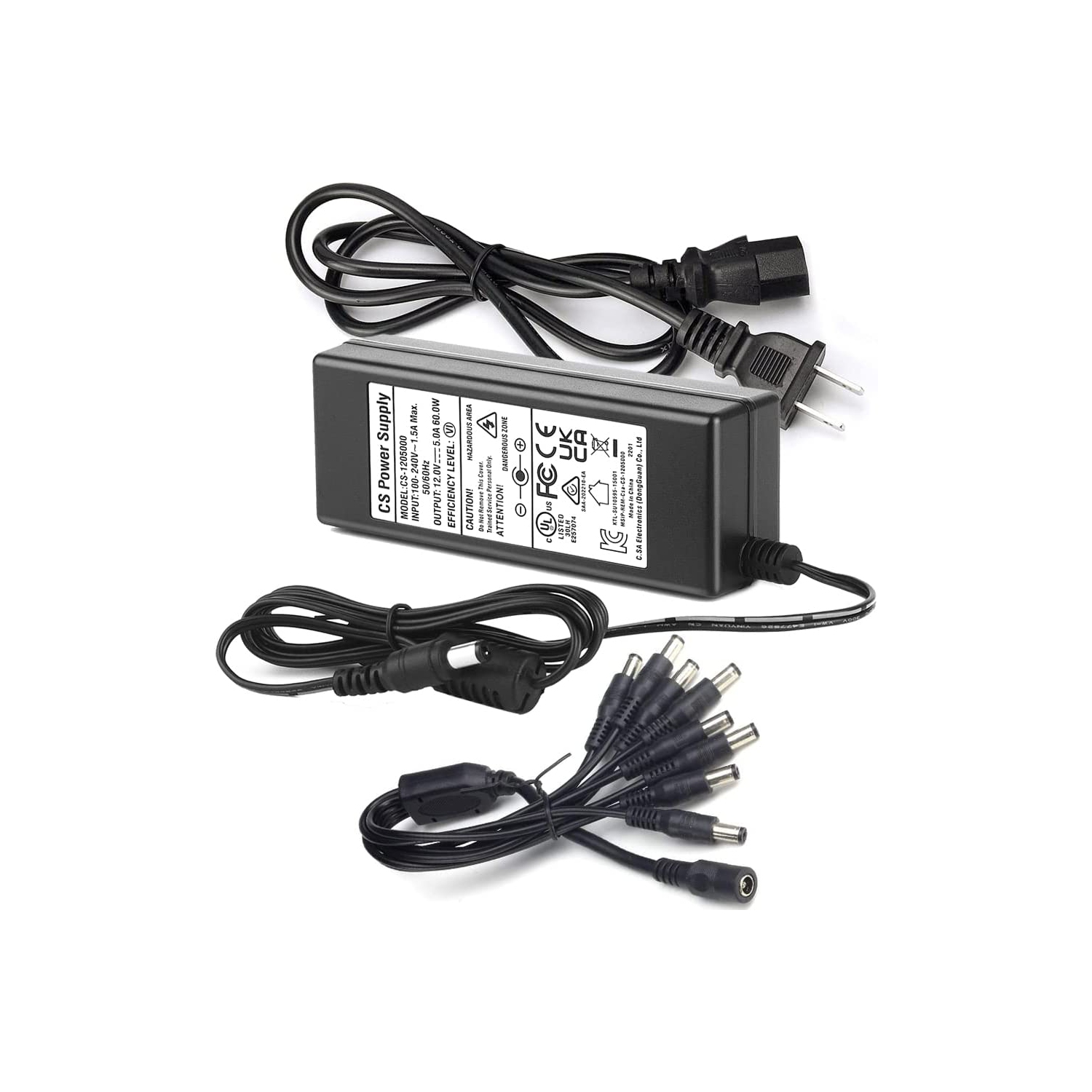 AC to DC 12V 5A Power Supply Adapter with 8 Way Splitter Cable and Power Cord for CCTV Camera DVR NVR Led Light Strip UL FCC