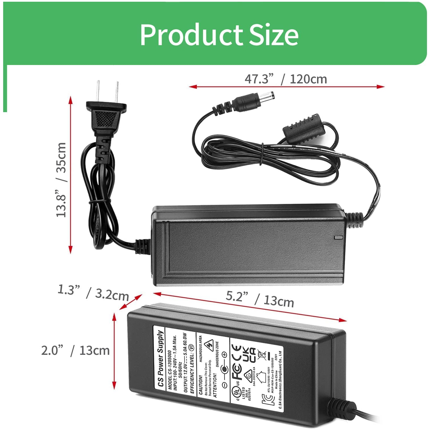 AC to DC 12V 5A Power Supply Adapter with 8 Way Splitter Cable and Power Cord for CCTV Camera DVR NVR Led Light Strip UL FCC