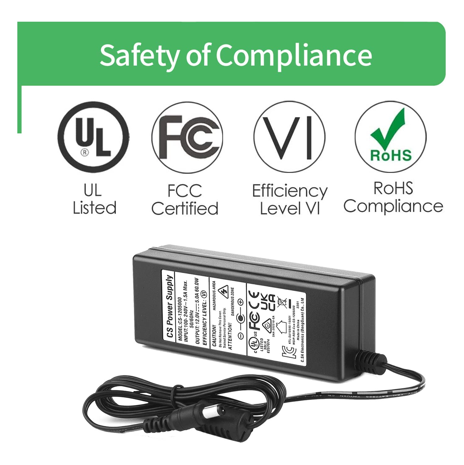 AC to DC 12V 5A Power Supply Adapter with 8 Way Splitter Cable and Power Cord for CCTV Camera DVR NVR Led Light Strip UL FCC