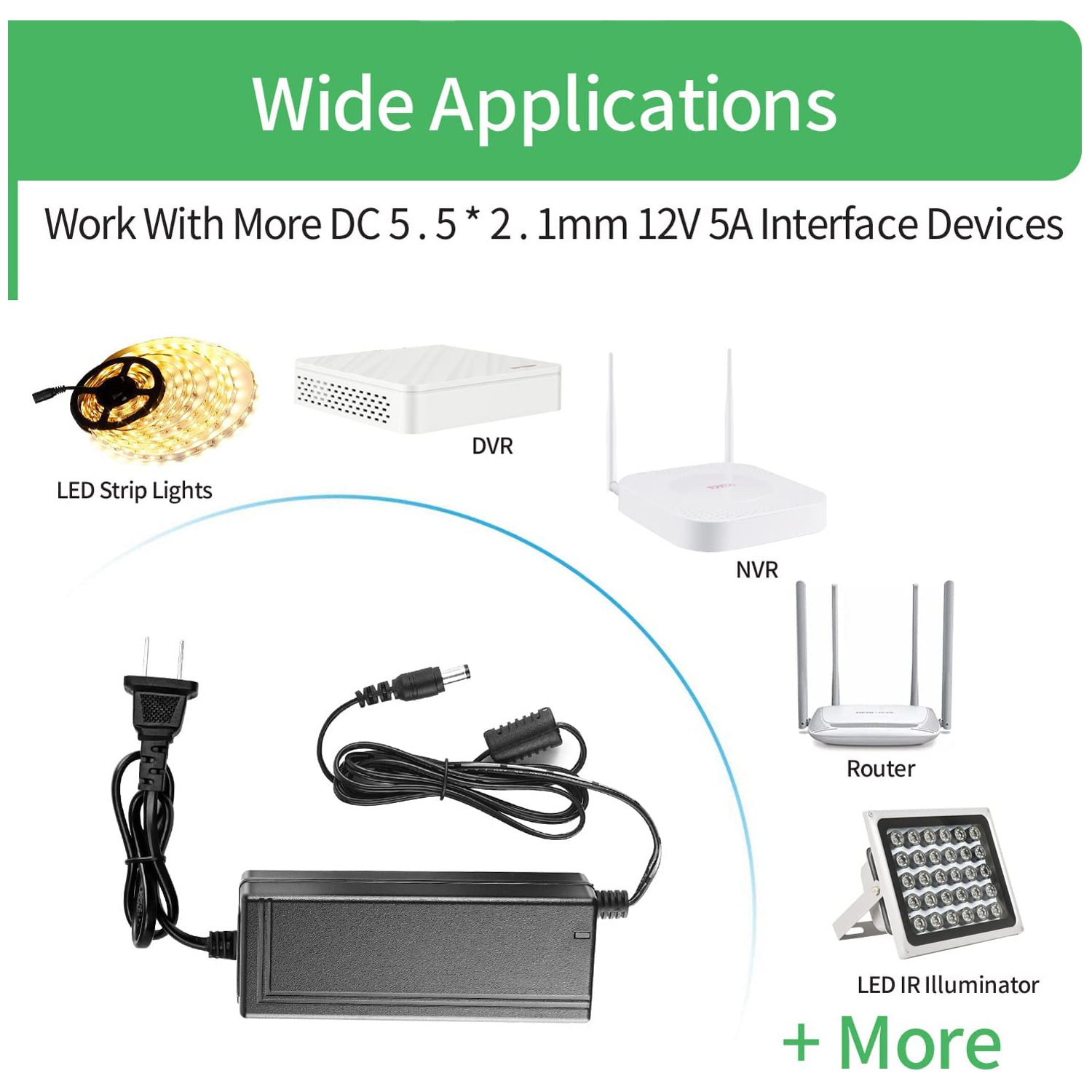 AC to DC 12V 5A Power Supply Adapter with 8 Way Splitter Cable and Power Cord for CCTV Camera DVR NVR Led Light Strip UL FCC