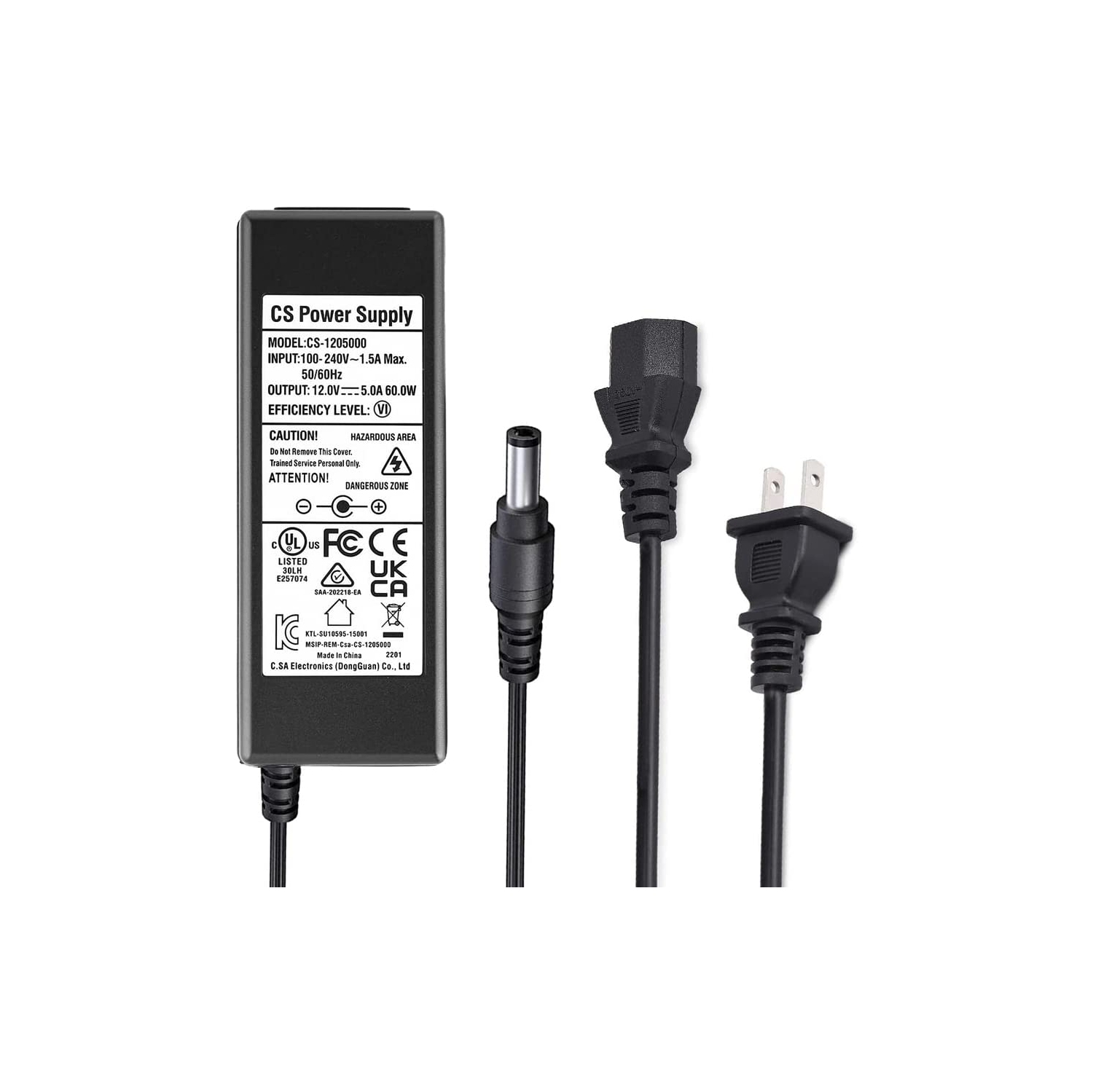 AC to DC 12V 5A Power Supply Adapter with 8 Way Splitter Cable and Power Cord for CCTV Camera DVR NVR Led Light Strip UL FCC