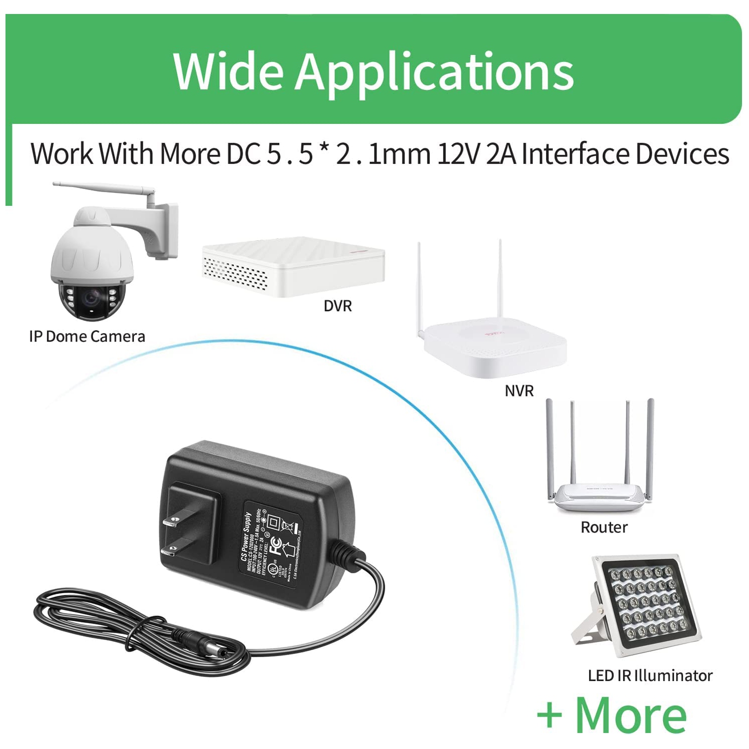 Paquet de 2 adaptateurs c.a., bloc d’alimentation 12 V 2 a pour caméras CCTV, bande DEL 5,5 mm x 2,1 mm, homologué UL, FCC …