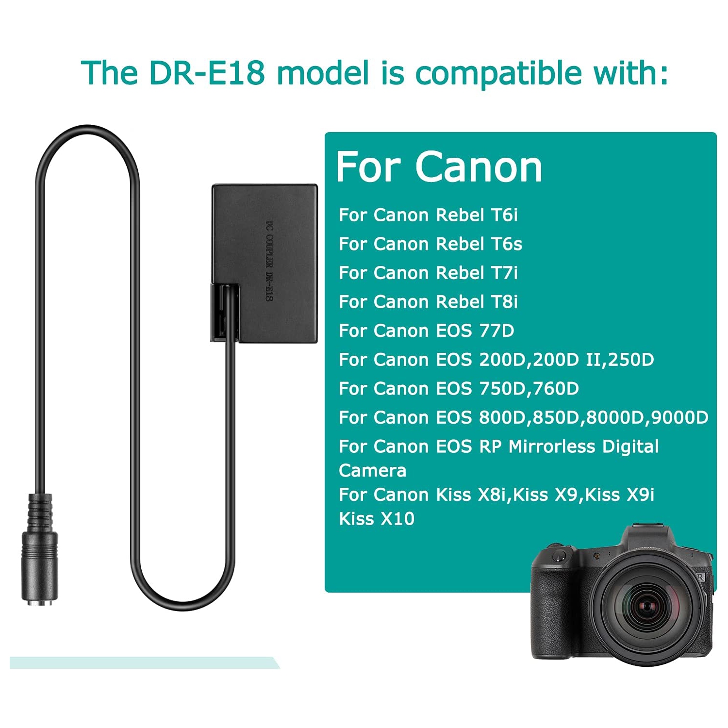 Câble USB ACK-E18 + batterie factice DR-E18 + adaptateur USB QC3.0 pour EOS 750D Kiss X8i T6i 760D T6S 77D 800D 200D Rebel SL2 SL3 de Canon