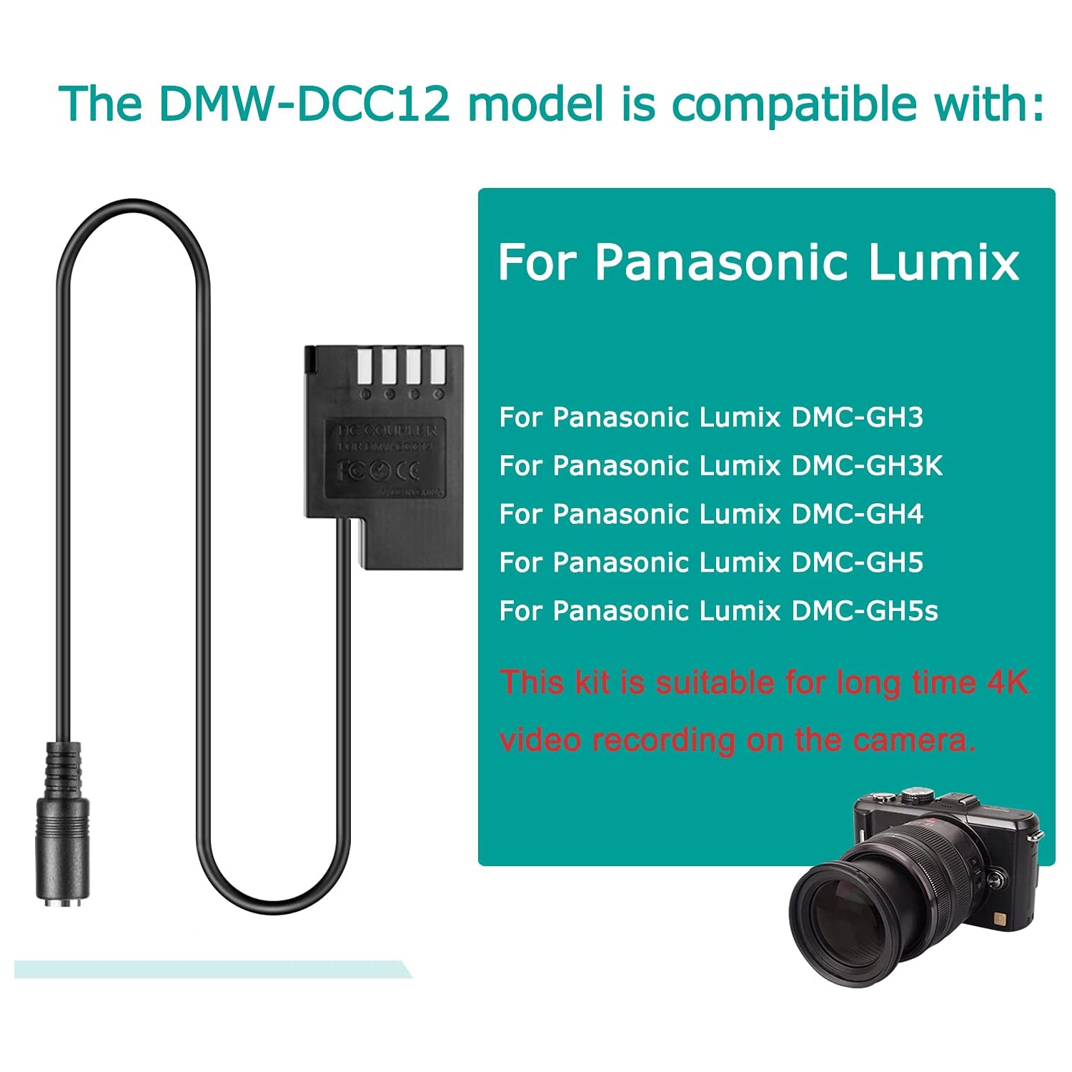 Câble USB chargeur d’alimentation + coupleur de batterie factice DMW-DCC12 pour Lumix DMC-GH3 DMC-GH4 DMC-GH5 DMC-GH5 GH3 GH5 GH5 de DMC-GH5