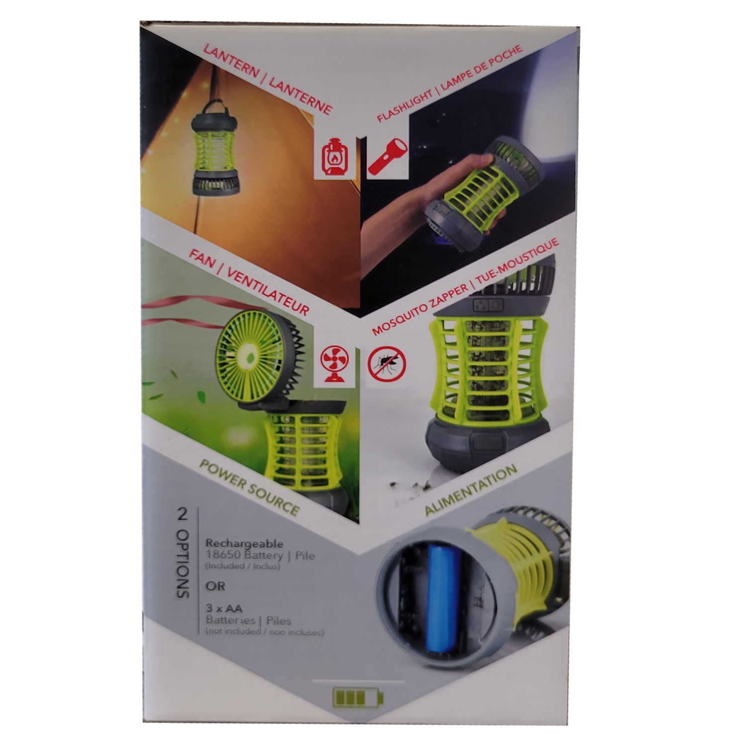 RCA RFL0100 - 4 en 1 Lanterne Rechargeable, Lampe de Poche LED, Ventilateur repliable et Anti-Moustiques