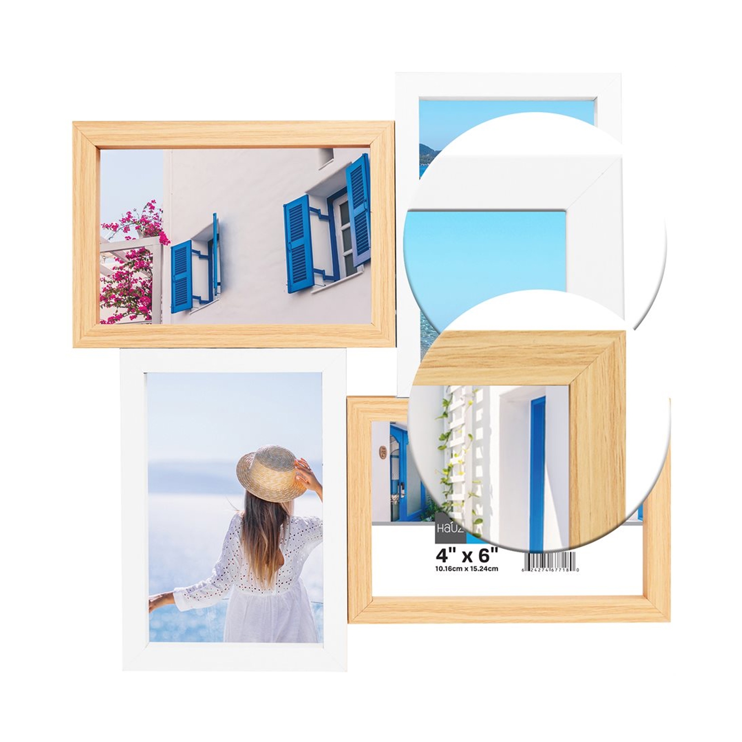 Hauz FRM7180 - 4 Images 4x6 Cadre de Photos Flottant Collage Blanc & Style Bois Pâle