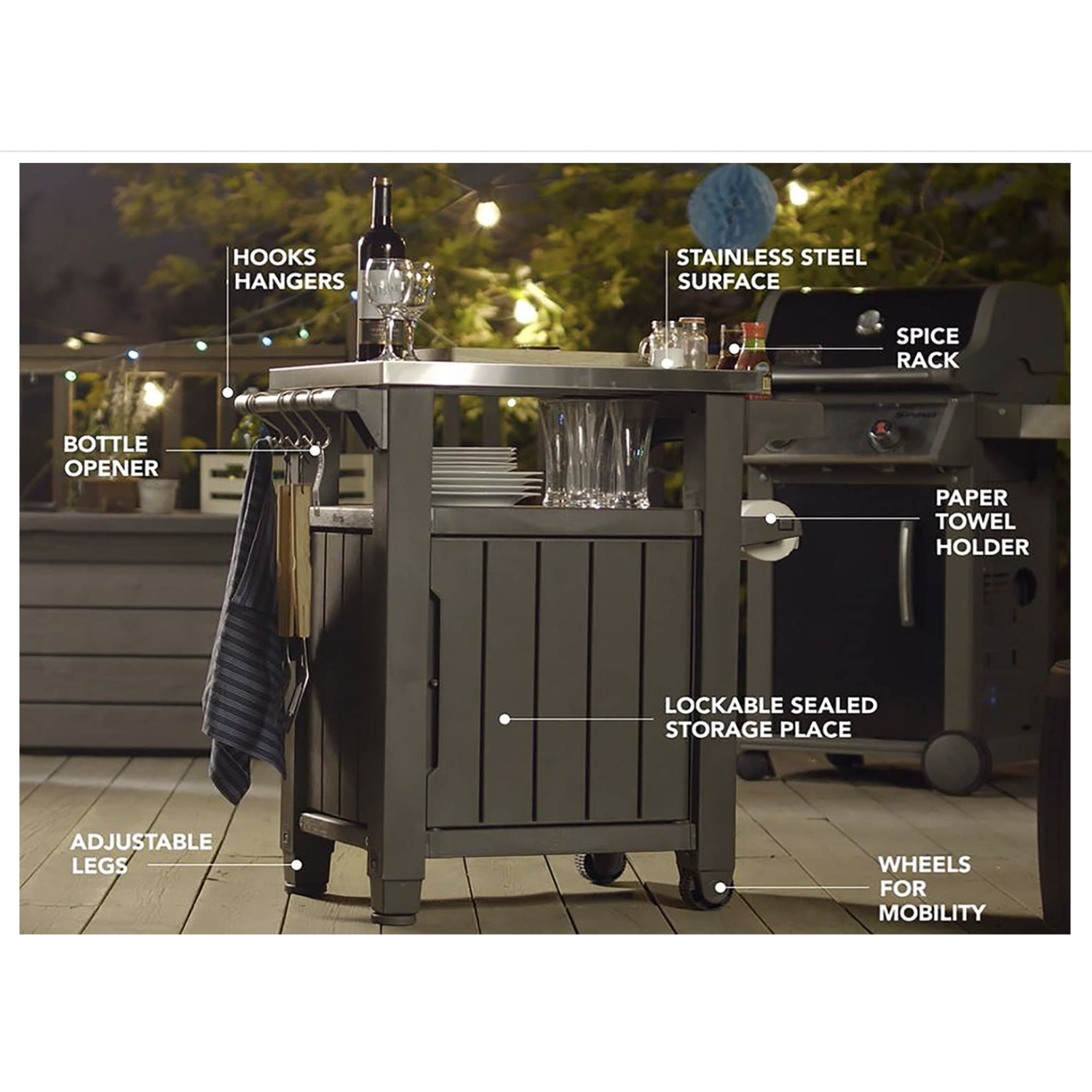 Keter Unity Table de rangement/station de préparation pour barbecue d'intérieur et d'extérieur avec dessus en métal