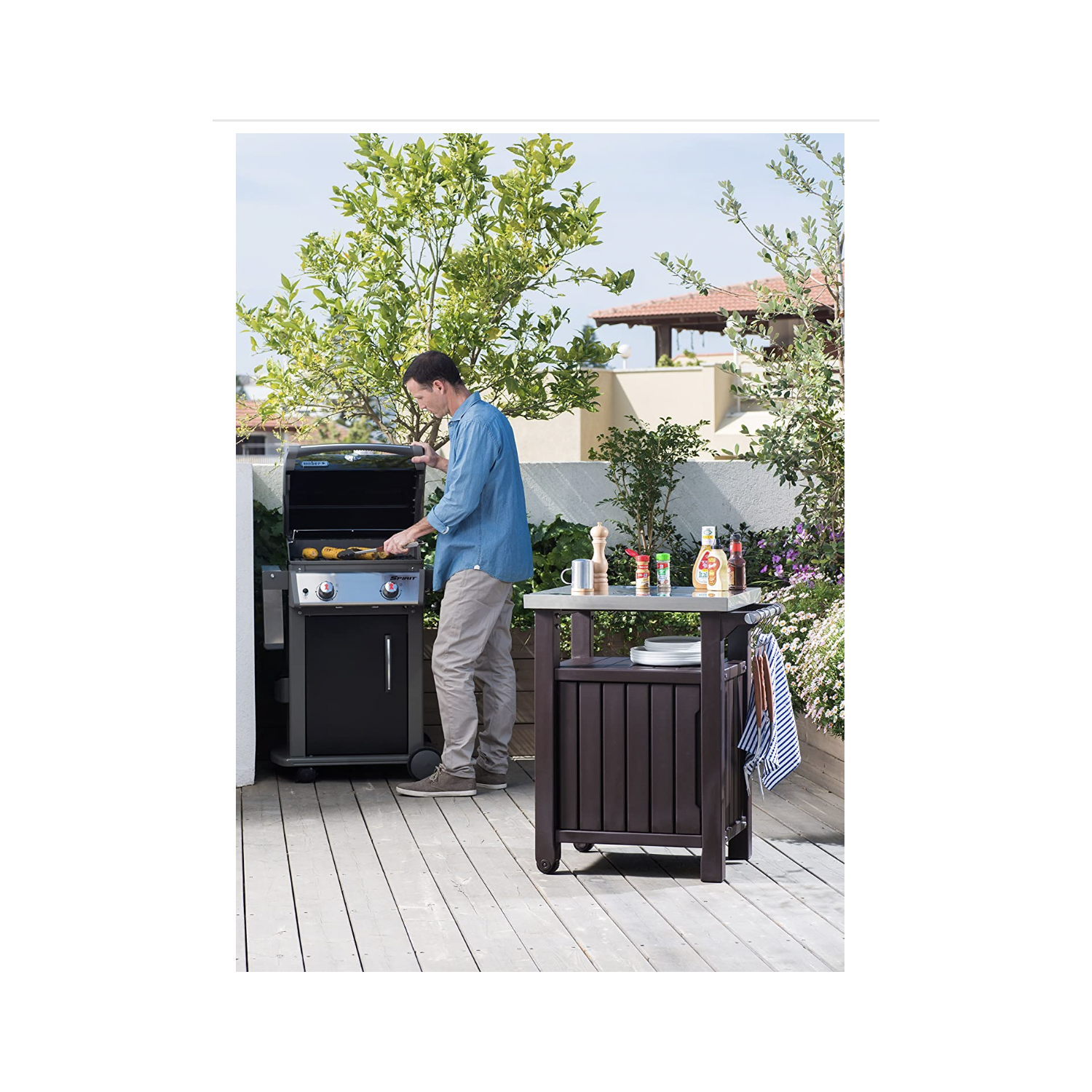 Keter Unity Table de rangement/station de préparation pour barbecue d'intérieur et d'extérieur avec dessus en métal