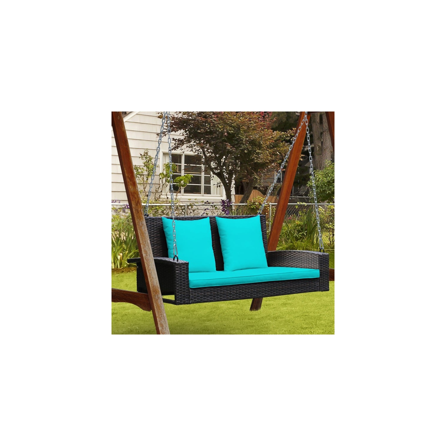 2-Person Wicker Hanging Porch Swing with 2 Back Cushions and 1 Seat Cushion