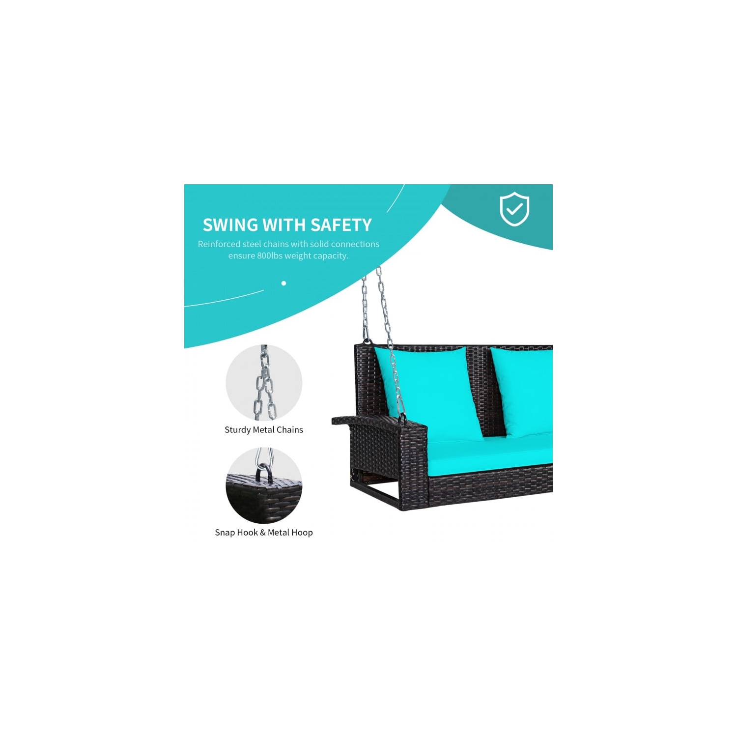 2-Person Wicker Hanging Porch Swing with 2 Back Cushions and 1 Seat Cushion