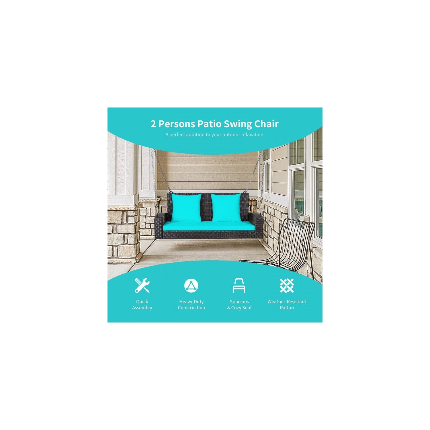 2-Person Wicker Hanging Porch Swing with 2 Back Cushions and 1 Seat Cushion