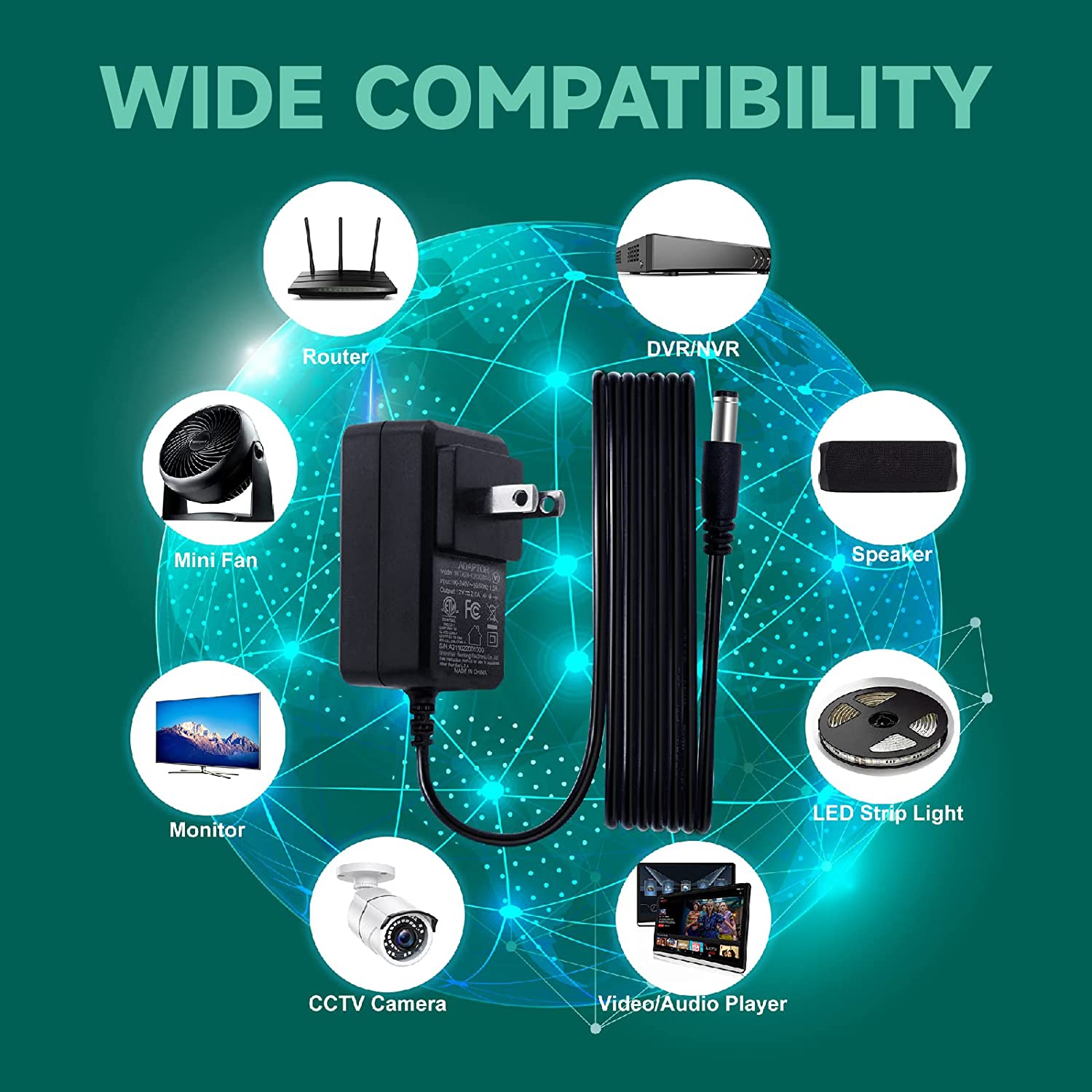 Dolaer 2Pack 12V 2A/2000mA DC Regulated Power Supply Adapter, 100-240V 50/60Hz AC to DC 24W Adapter for LED Strip Lights, Keyboard, BT Speaker,