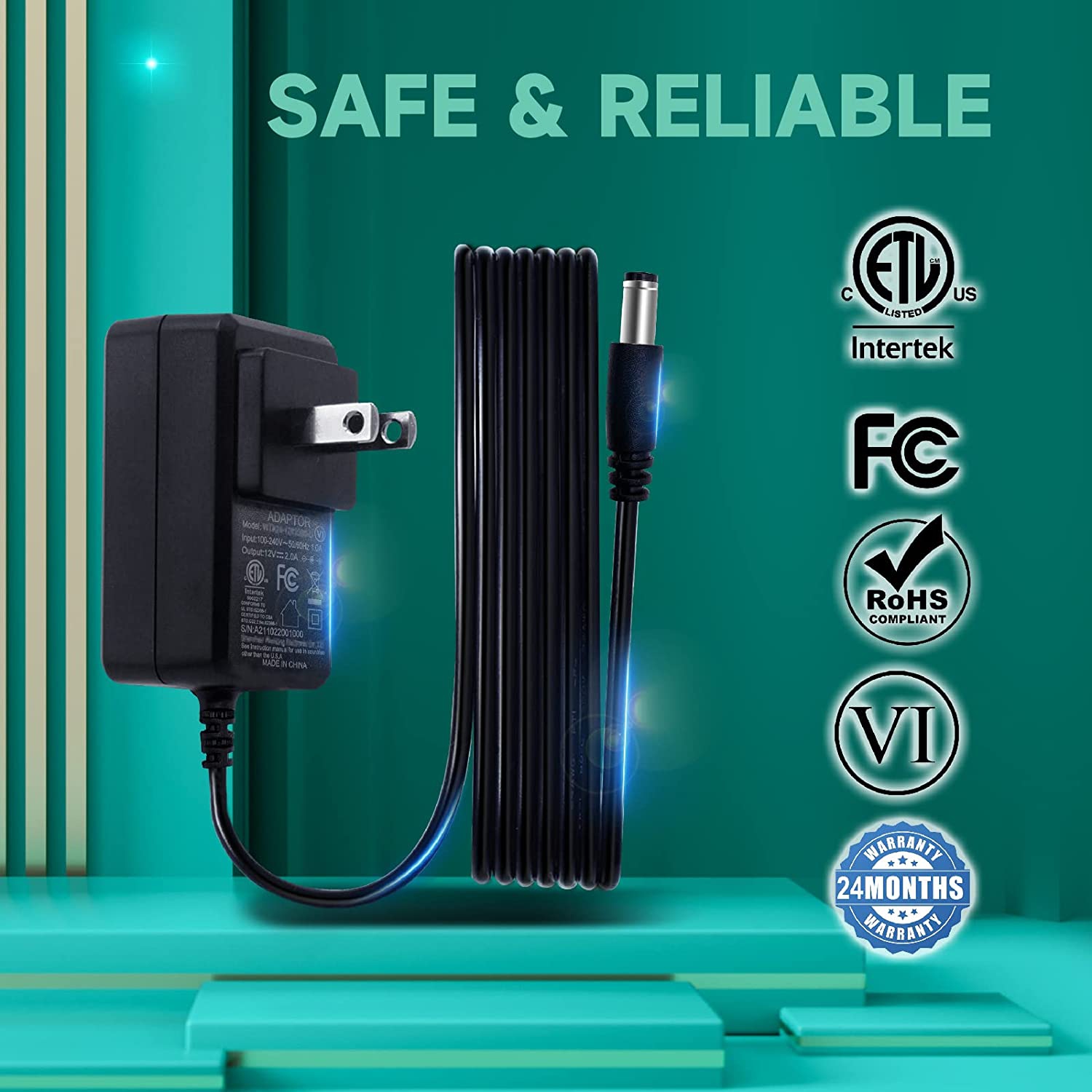 Dolaer 2Pack 12V 2A/2000mA DC Regulated Power Supply Adapter, 100-240V 50/60Hz AC to DC 24W Adapter for LED Strip Lights, Keyboard, BT Speaker,