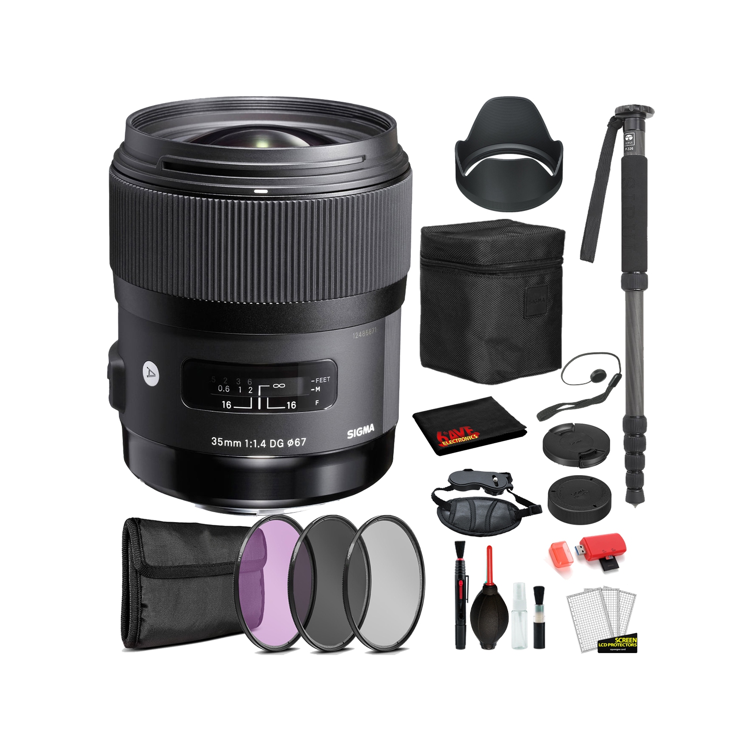 Sigma 35mm f/1.4 DG HSM Art Lens for Nikon F with Bundle Includes: 3PC Filter Kit + 70? Monopod + More