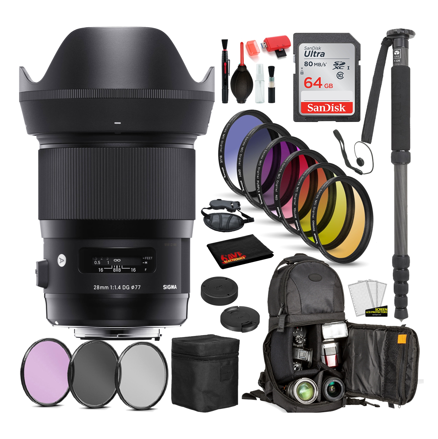 Sigma 28mm f/1.4 DG HSM Art Lens for NikonF with Bundle: Sandisk 64gb SD Card, 9PC Filter Kit + More