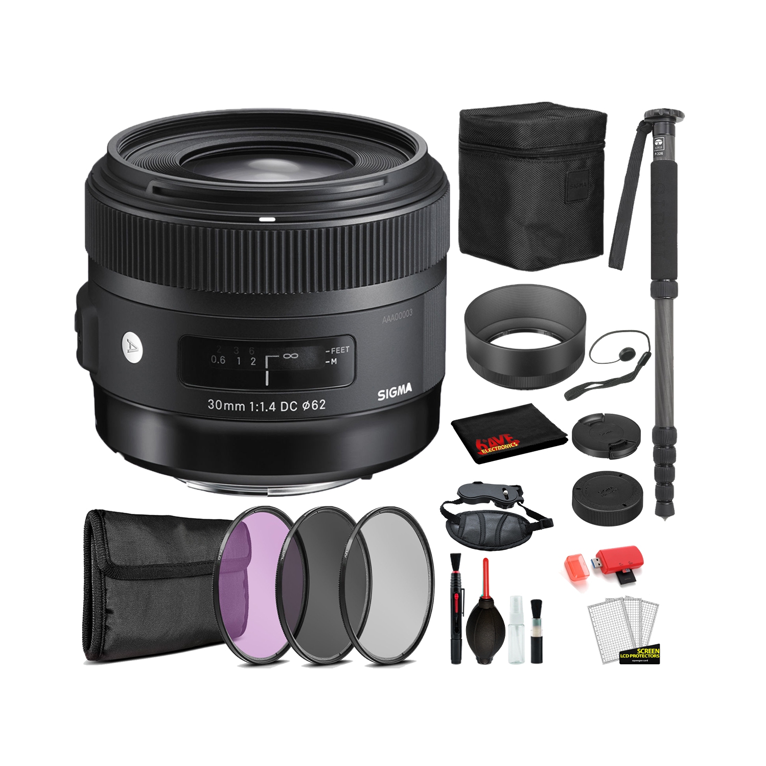 Sigma 30mm f/1.4 DC HSM Art Lens for Nikon F with Bundle Includes: Pro Series Monopod, 3PC Filter Kit + More
