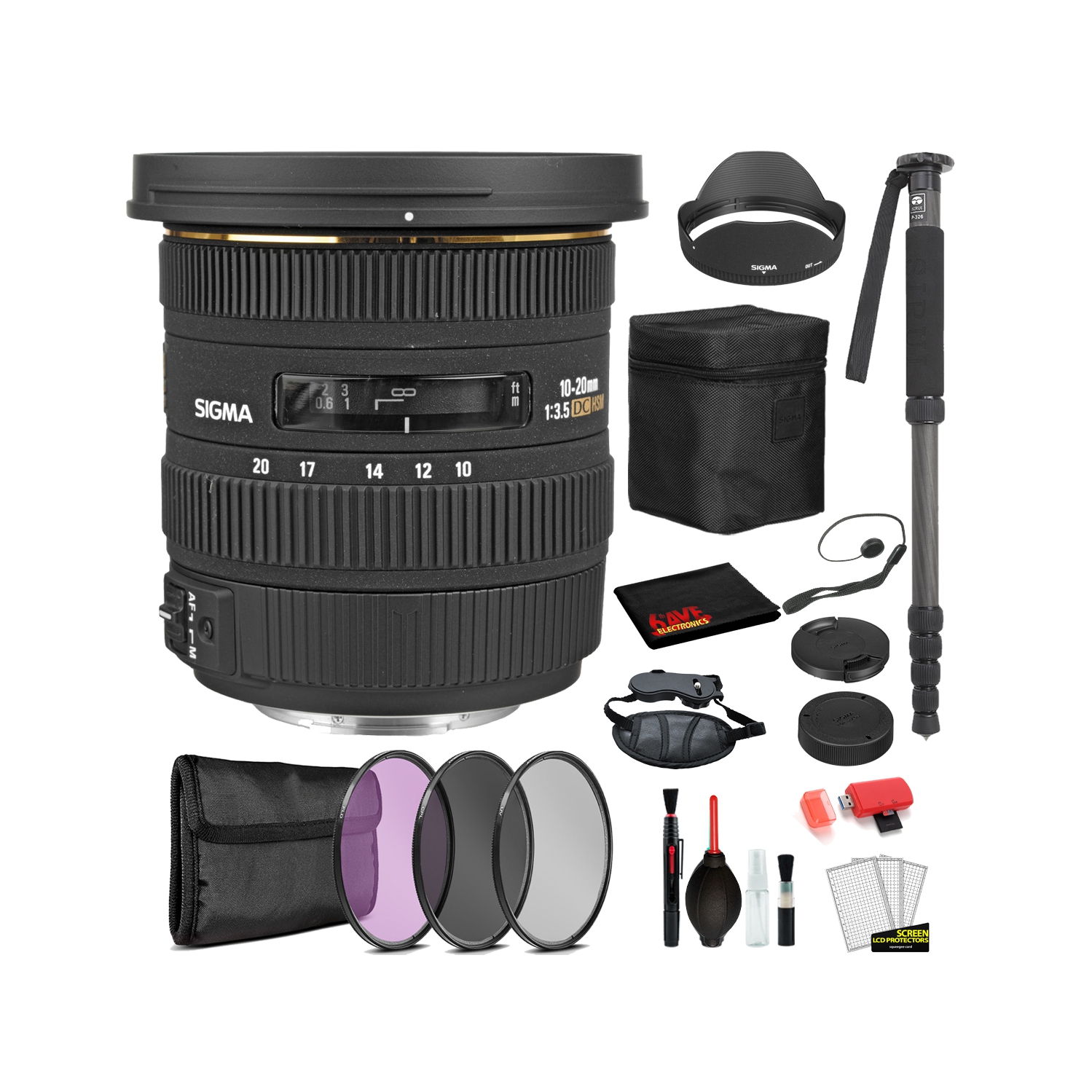 Sigma 10-20mm f/3.5 EX DC HSM Lens for Nikon F with Bundle Includes: Pro Series Monopod, 3PC Filter Kit + More