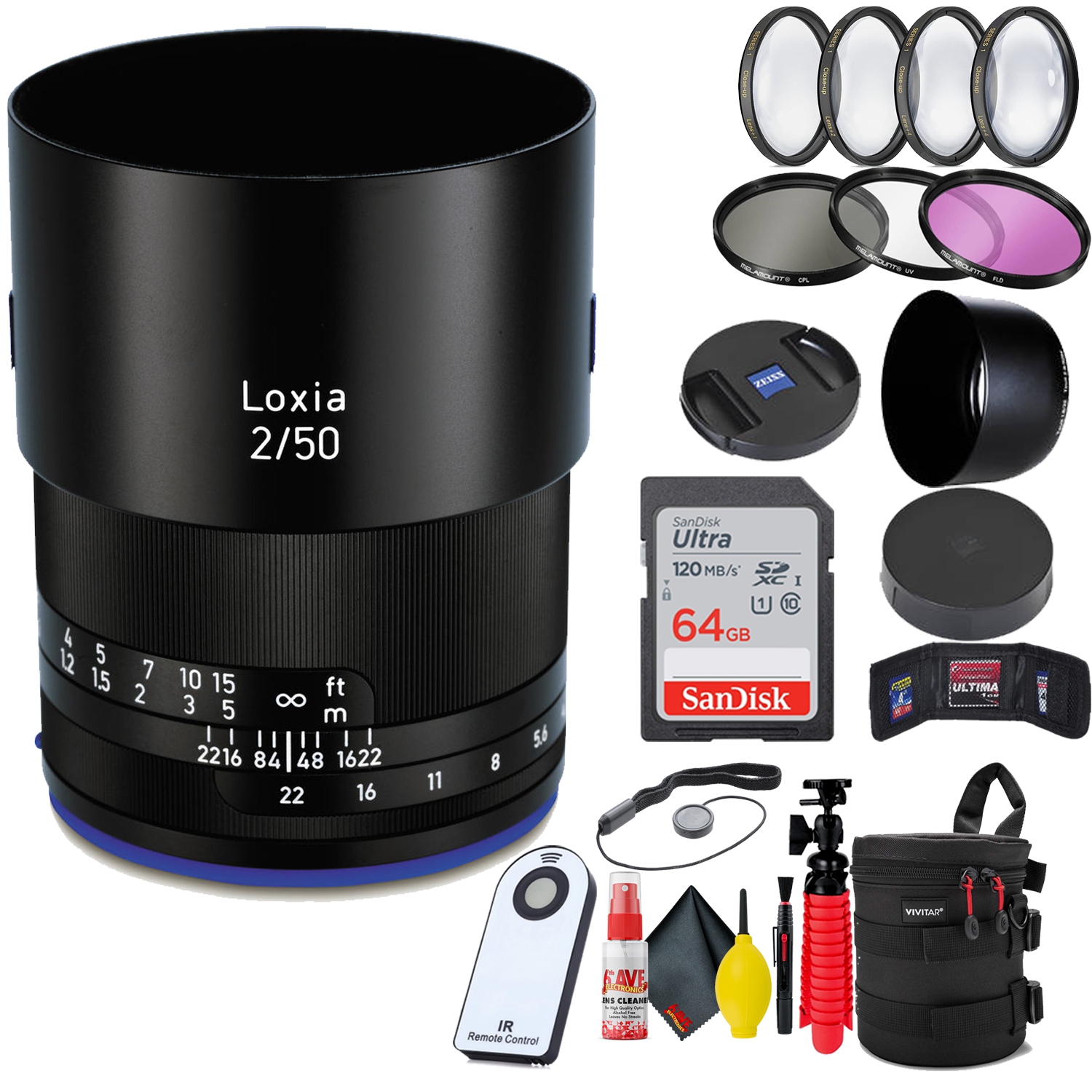 Zeiss Loxia Planar T* 50mm f/2 Lens for Sony E Mount + 64GB SD Card Bundle