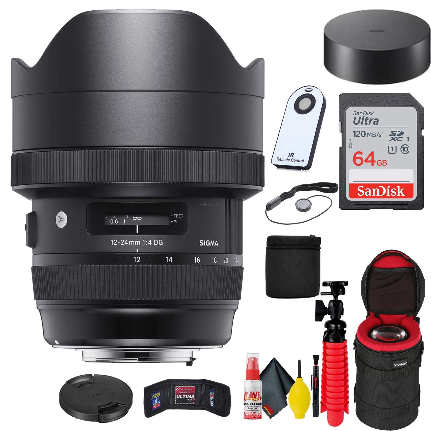 Sigma 12-24mm f/4 DG HSM Art Lens for Nikon F + 64GB SD Card Bundle