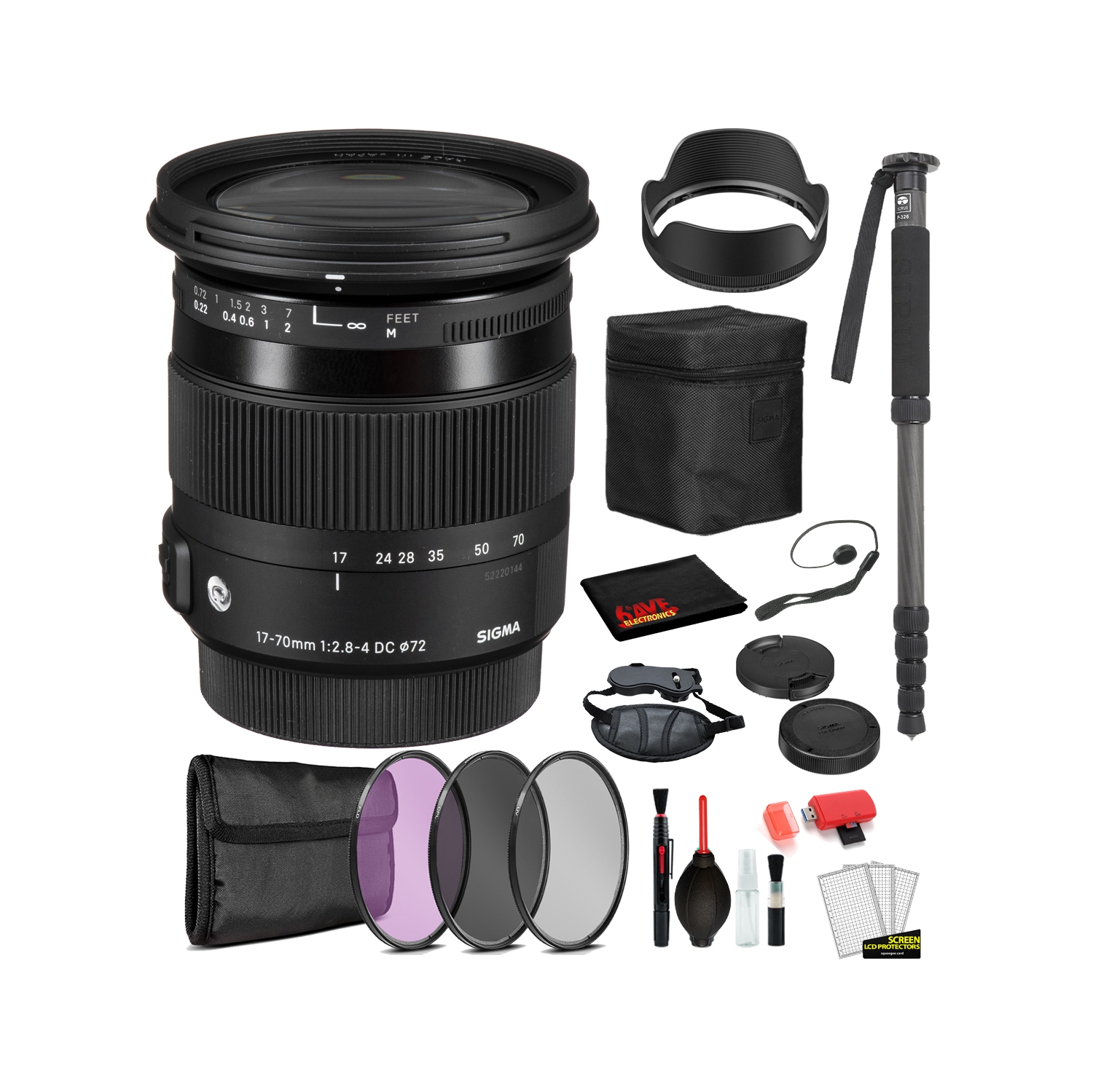 Sigma 17-70mm f/2.8-4 DC Macro OS HSM Contemporary Lens for Canon EF with  Bundle Includes: 3PC Filter Kit + More