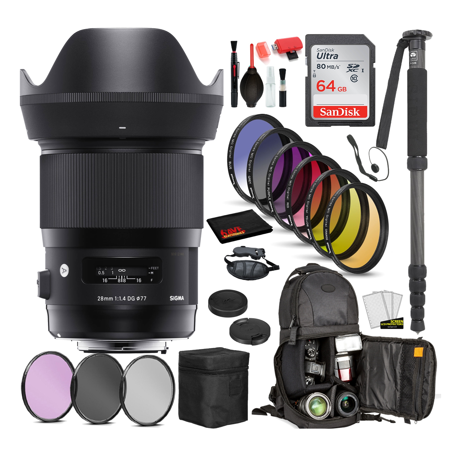 Sigma 28mm f/1.4 DG HSM Art Lens for Sony E Mount (441965) with: Sandisk 64gb SD Card, 9PC Filter Kit + More