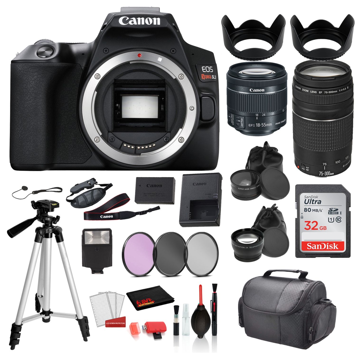 Canon EOS Rebel SL3 Digital SLR Camera with 18-55mm Lens and EF 75-300mm Lens Bundle (SanDisk 32GB SD, Filters, and More!)