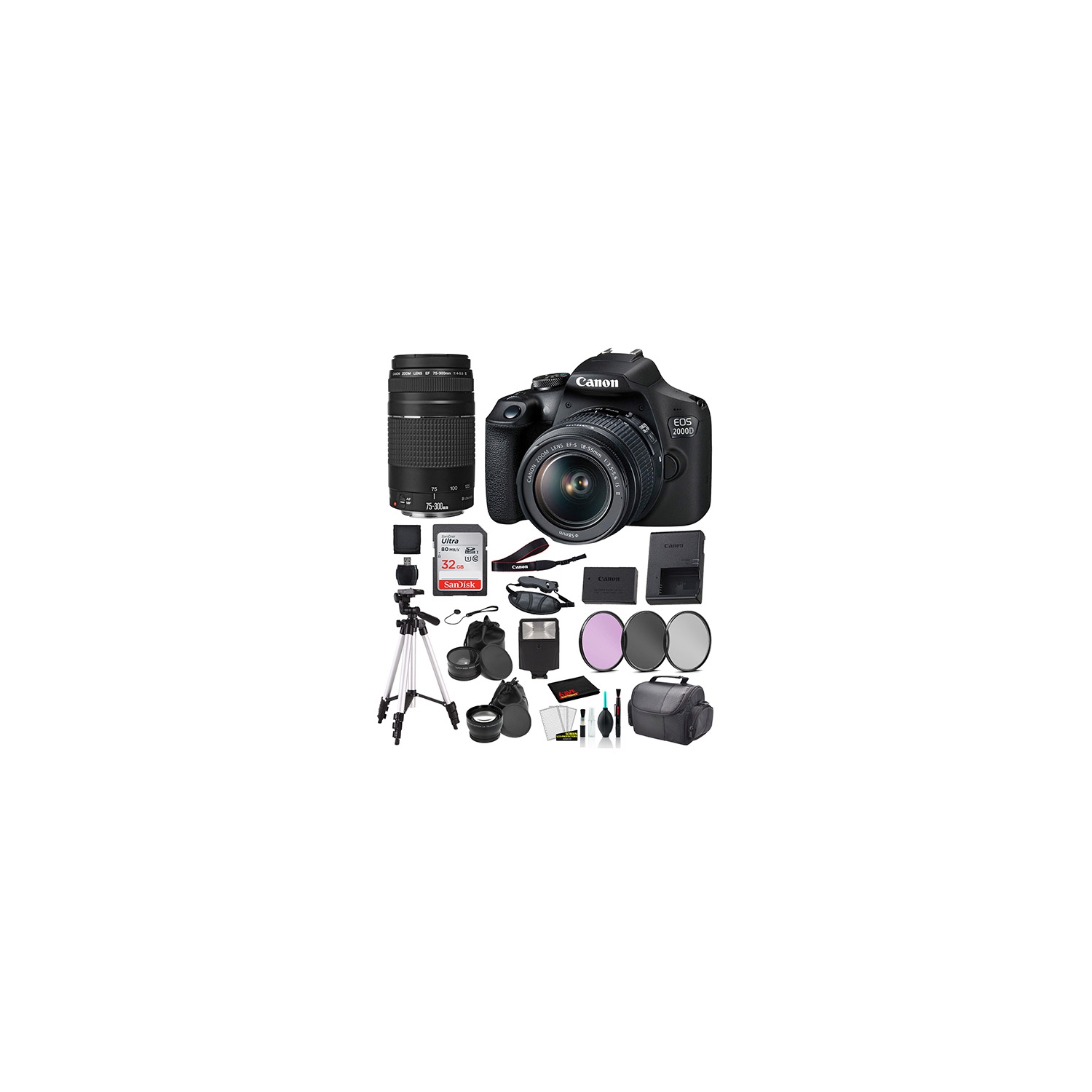 Canon EOS 2000D (REBEL T7) DSLR Camera 18-55MM IS ii and EF 73-300mm Lens Bundle �SanDisk 32gb + MORE - International