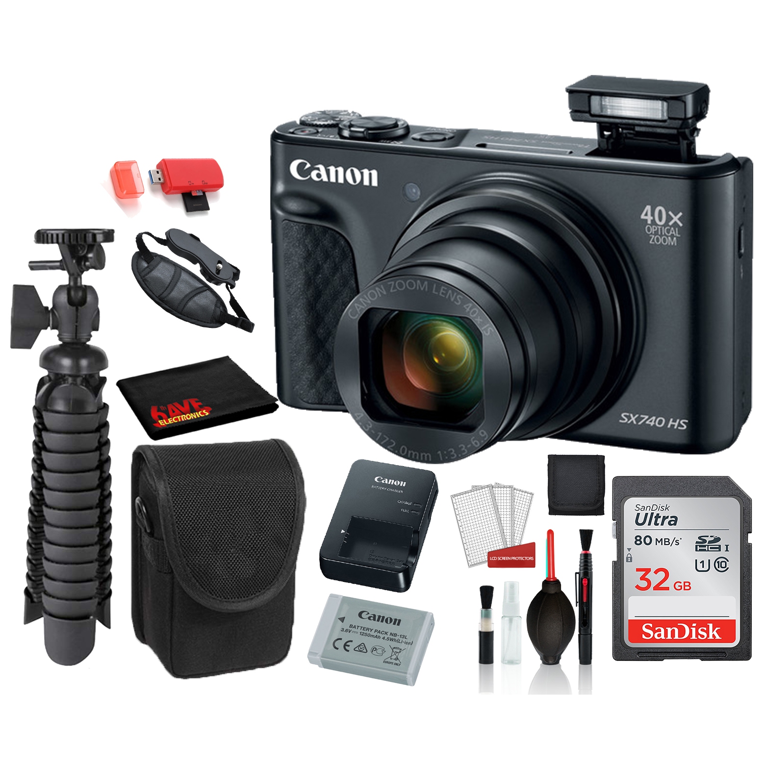 Canon PowerShot SX740 HS Digital Camera (Black) with SanDisk 32gb SD card + Camera Case + 12 Tripod Base Bundle