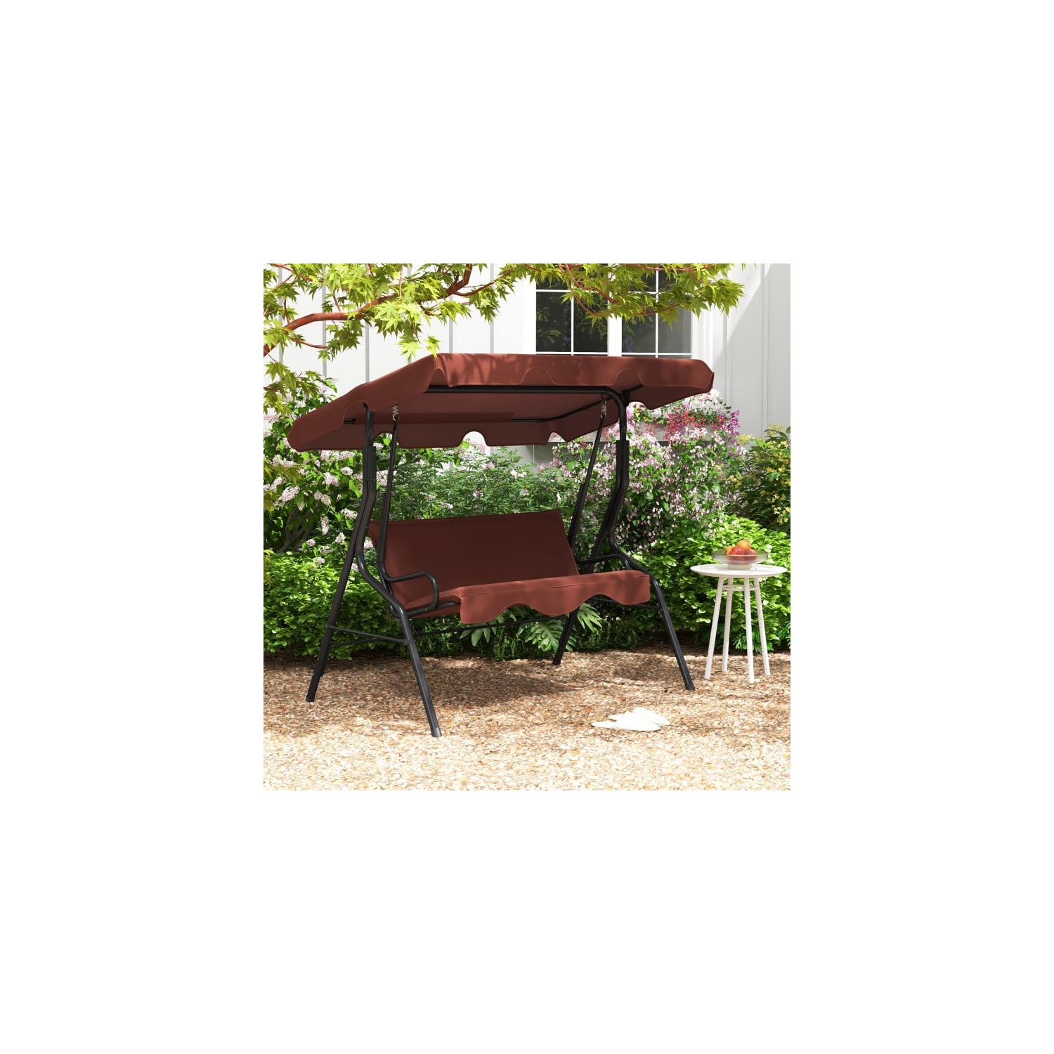 3 Seat Outdoor Patio Canopy Swing with Cushioned Steel Frame