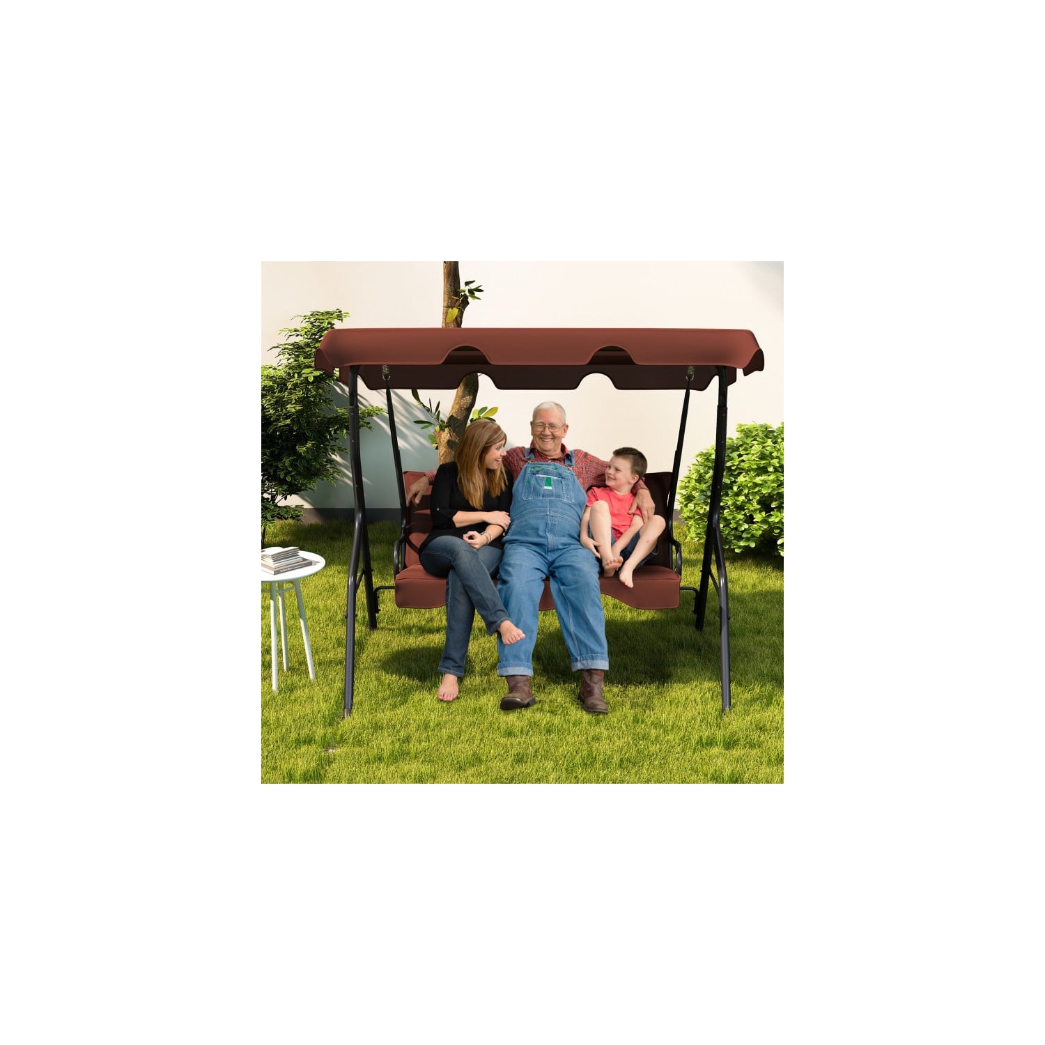 3 Seat Outdoor Patio Canopy Swing with Cushioned Steel Frame