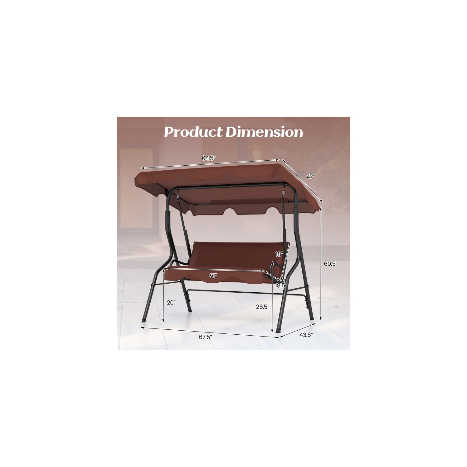 3 Seat Outdoor Patio Canopy Swing with Cushioned Steel Frame