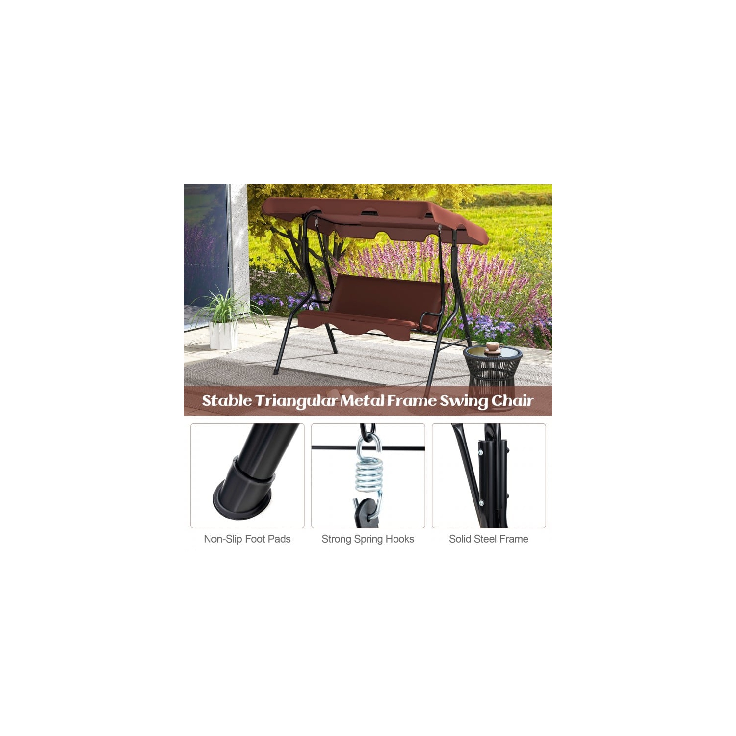 3 Seat Outdoor Patio Canopy Swing with Cushioned Steel Frame