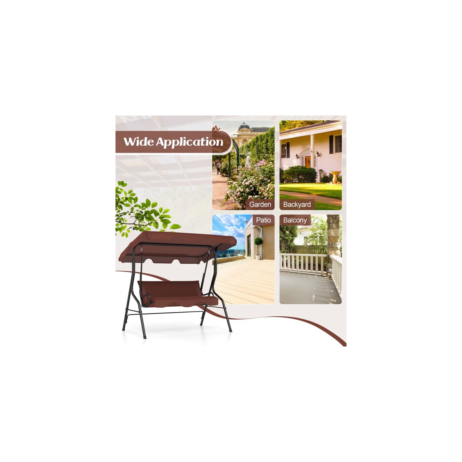 3 Seat Outdoor Patio Canopy Swing with Cushioned Steel Frame