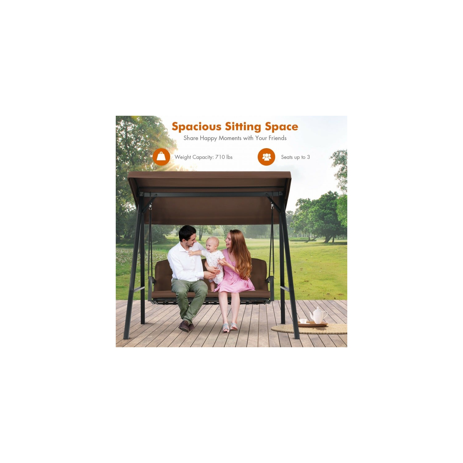 Balançoire d'extérieur pour porche à 3 places avec auvent réglable et coussins