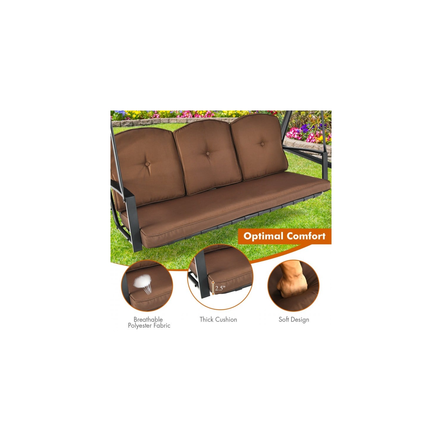 Balançoire d'extérieur pour porche à 3 places avec auvent réglable et coussins