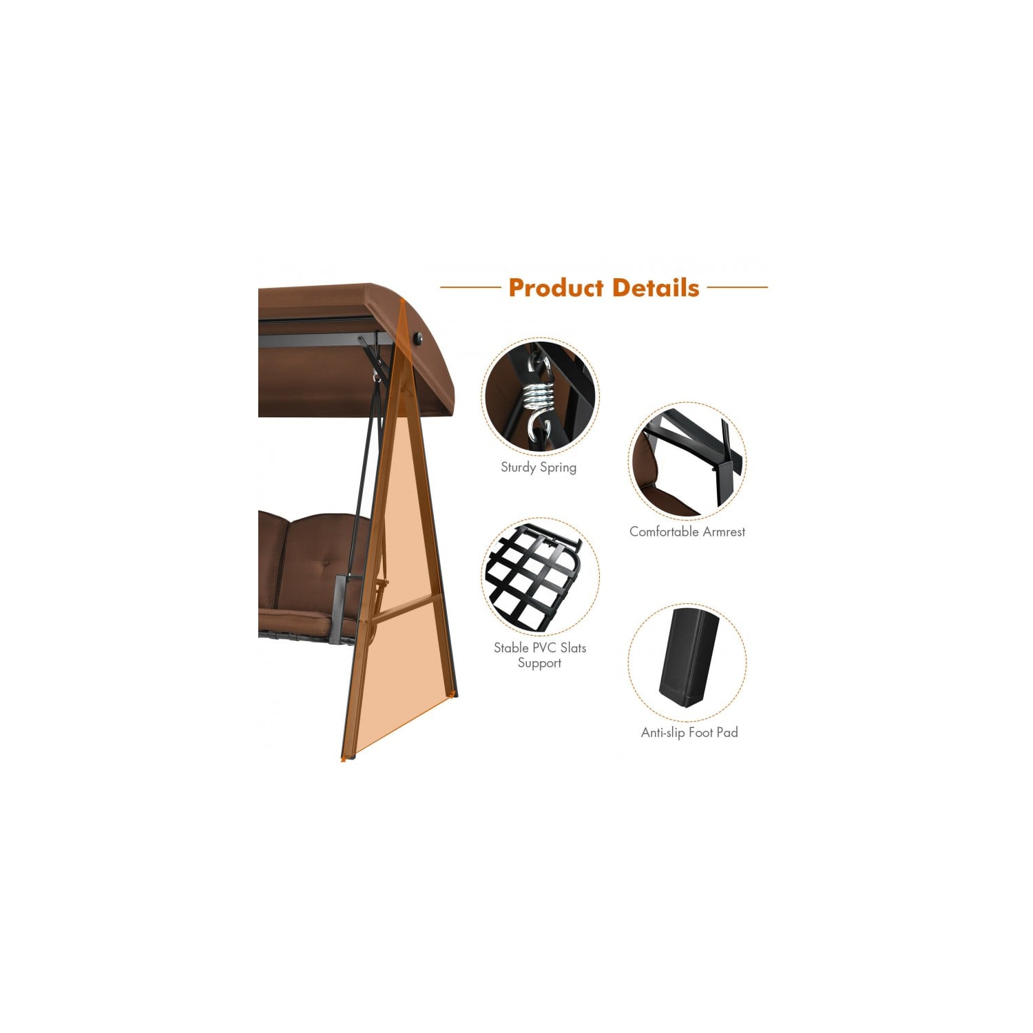 Balançoire d'extérieur pour porche à 3 places avec auvent réglable et coussins