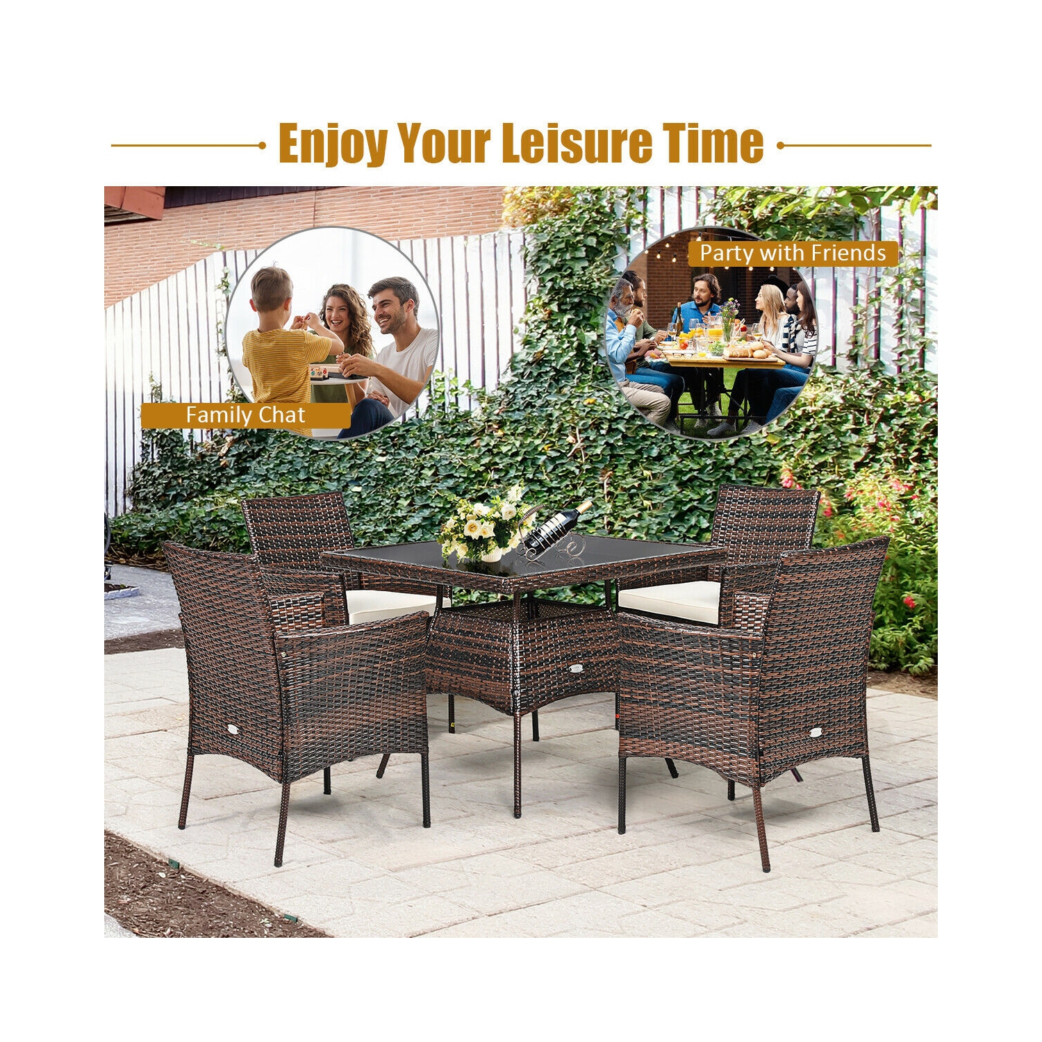 Outdoor 5 Pieces Dining Table Set with 1 Table and 4 Single Sofas