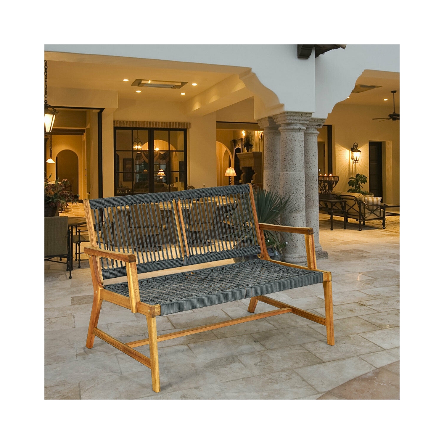 2-Person Acacia Wood Yard Bench for Balcony and Patio-Gray