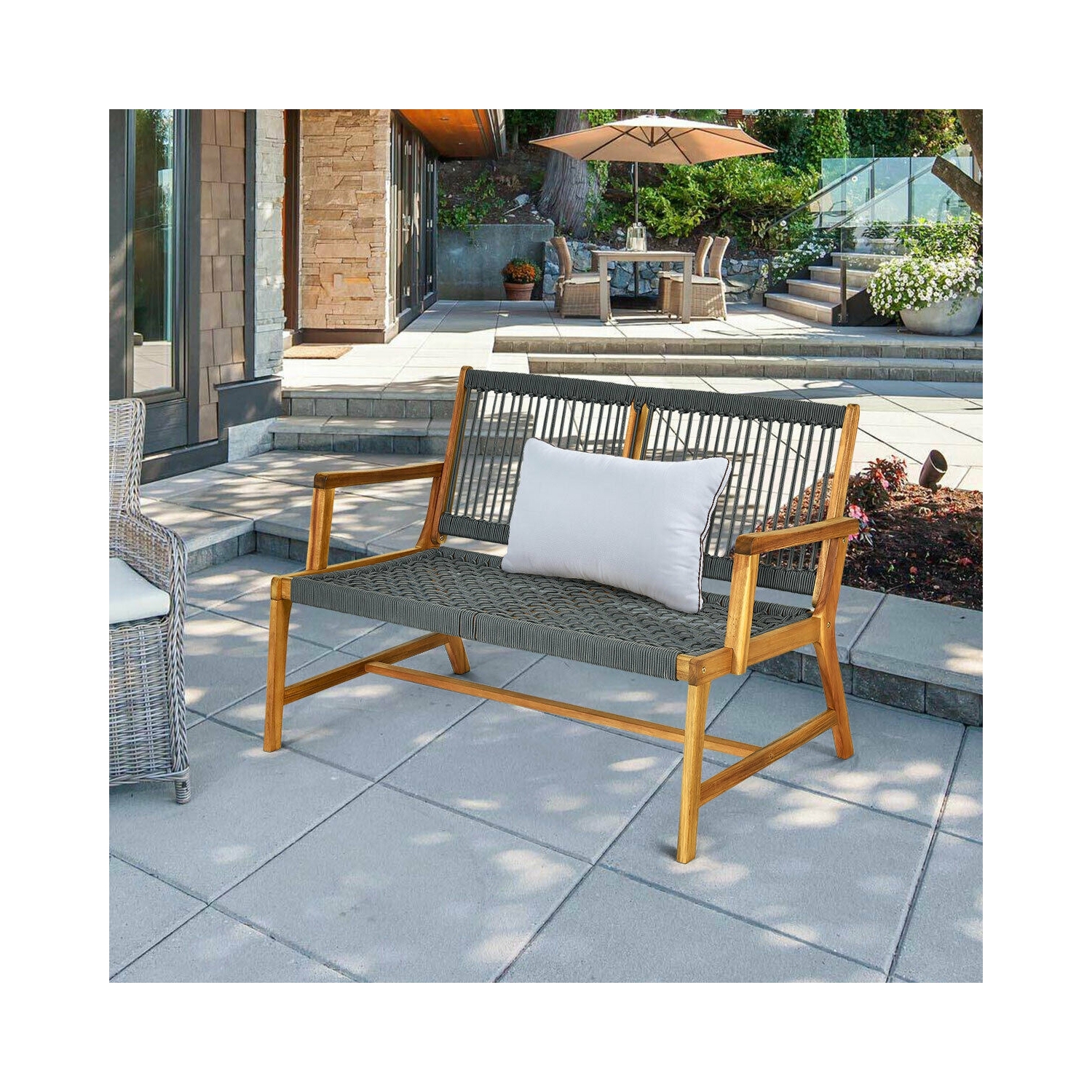 2-Person Acacia Wood Yard Bench for Balcony and Patio-Gray