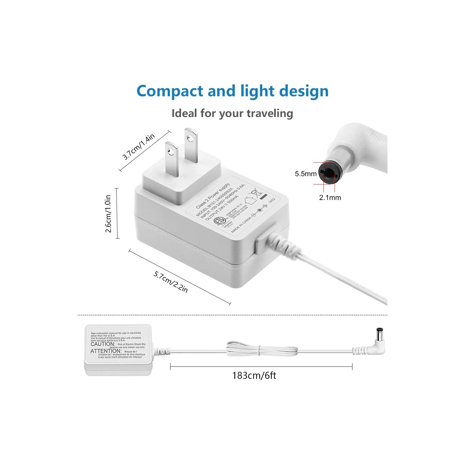 Dolaer 24V 0.5A 500mA Power Supply Adapter for Essential Oil Diffuser Aromatherapy Humidifier ETL Listed Class 2 Power Adapter 100V~240V AC to DC 24