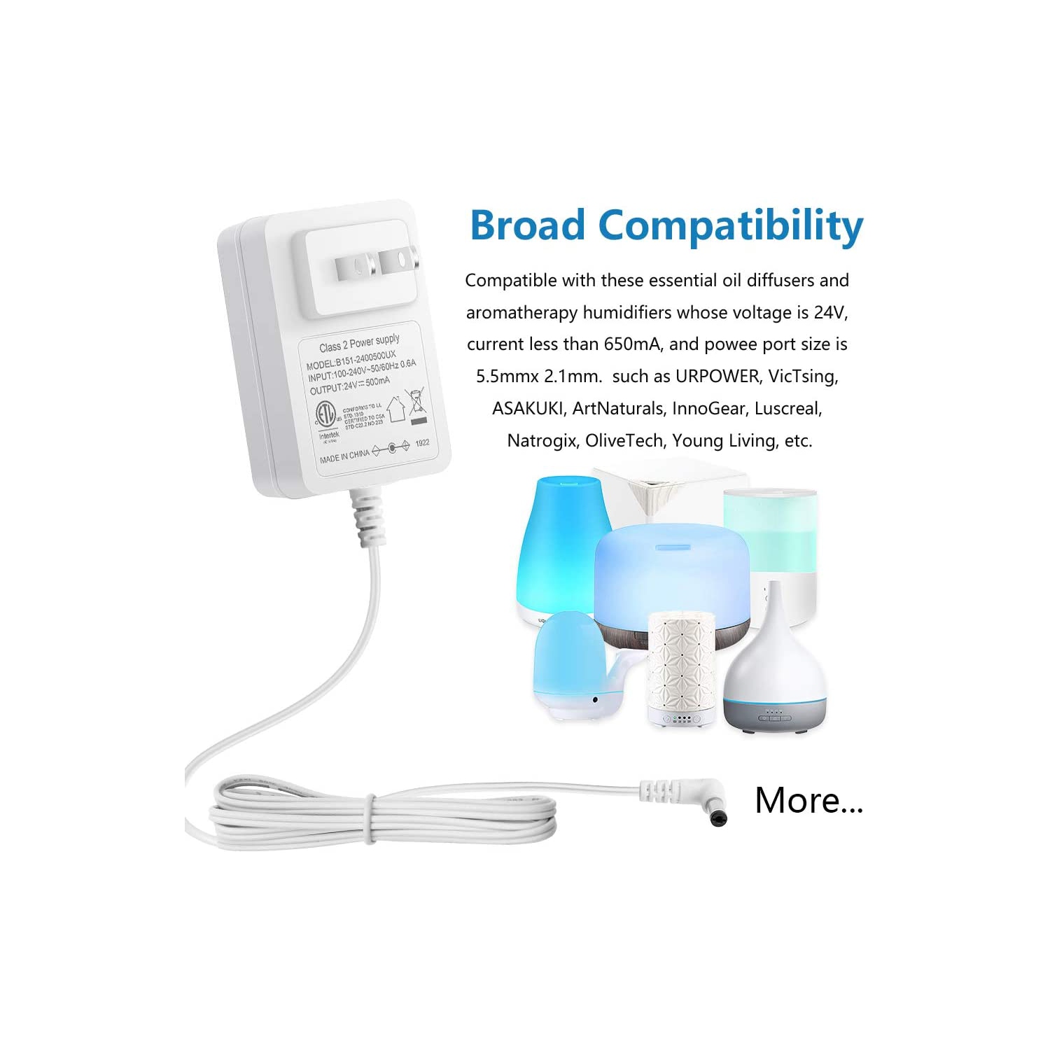Dolaer 24V 0.5A 500mA Power Supply Adapter for Essential Oil Diffuser Aromatherapy Humidifier ETL Listed Class 2 Power Adapter 100V~240V AC to DC 24