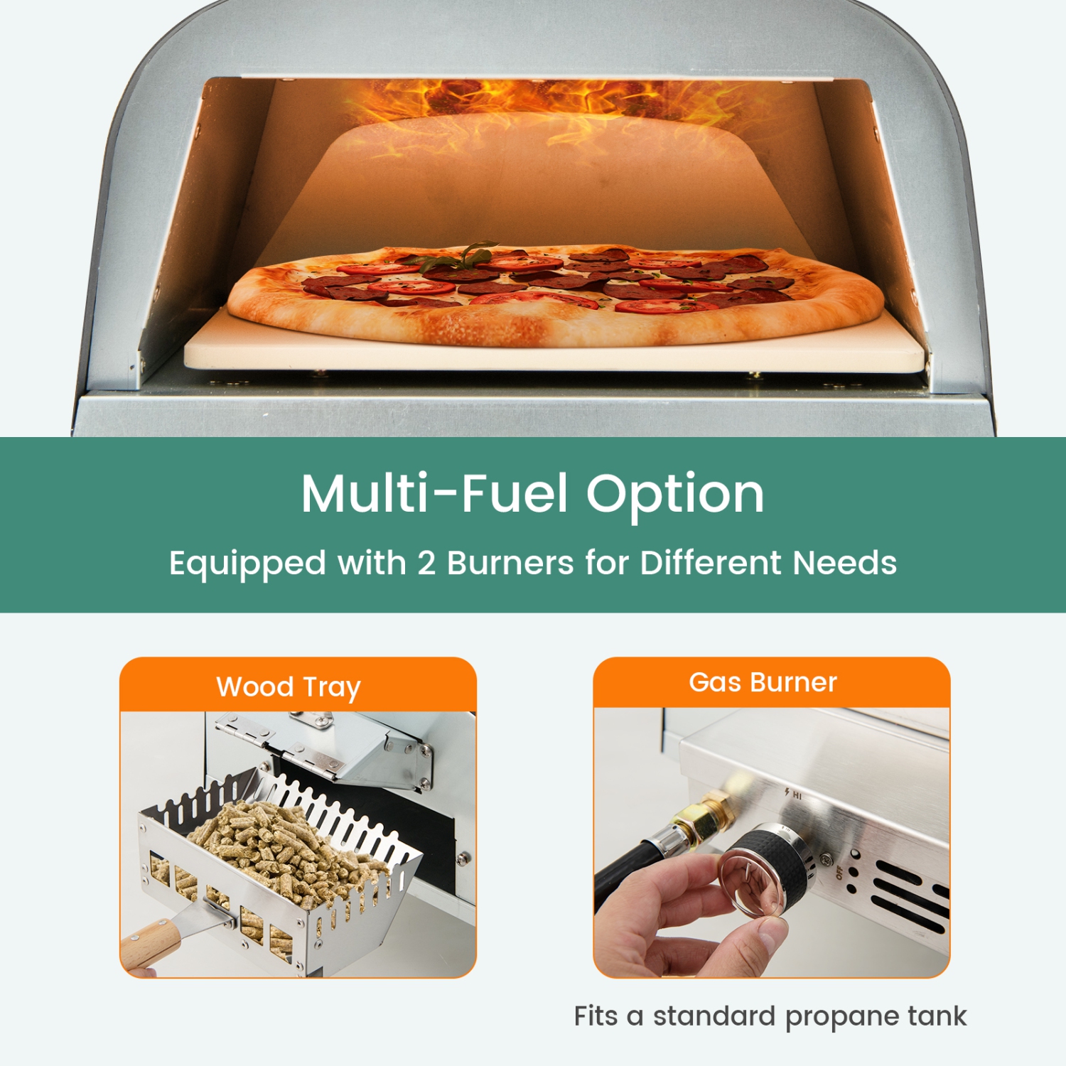 Costway 12" Multi-Fuel Pizza Oven Propane & Wood Fired Pizza Maker Portable